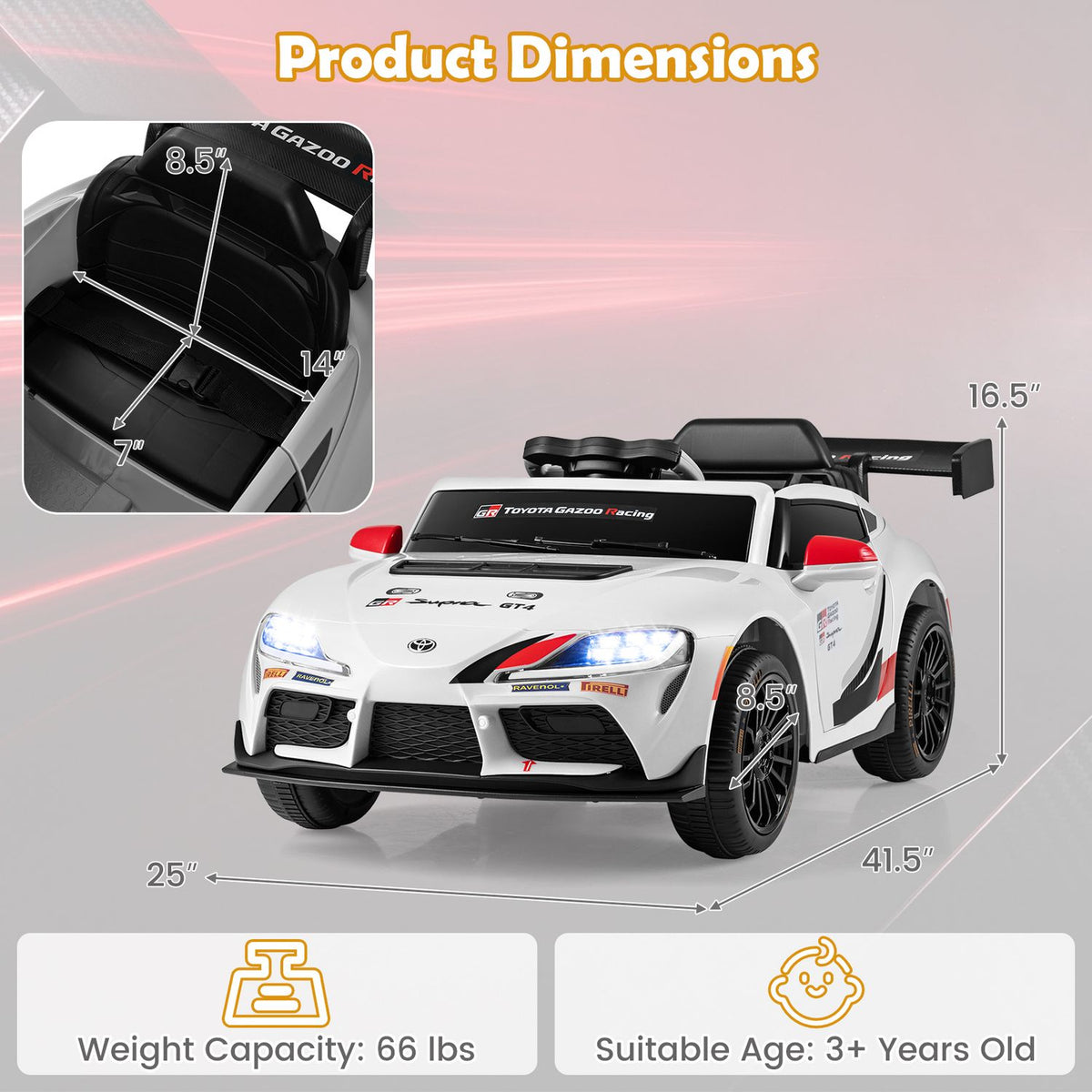 A white ride-on sports car shown with measurement arrows and a close-up of its seat.