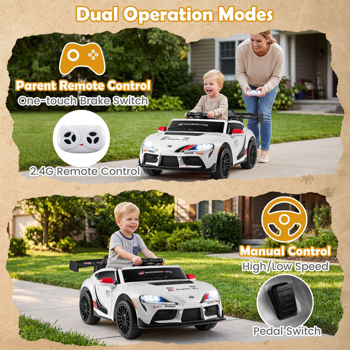 A child drives a white ride-on car while an adult walks beside it with a remote control.