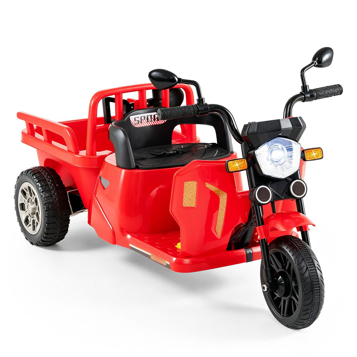 Red three-wheeled ride-on toy with a rear cargo trailer, shown against a white background.