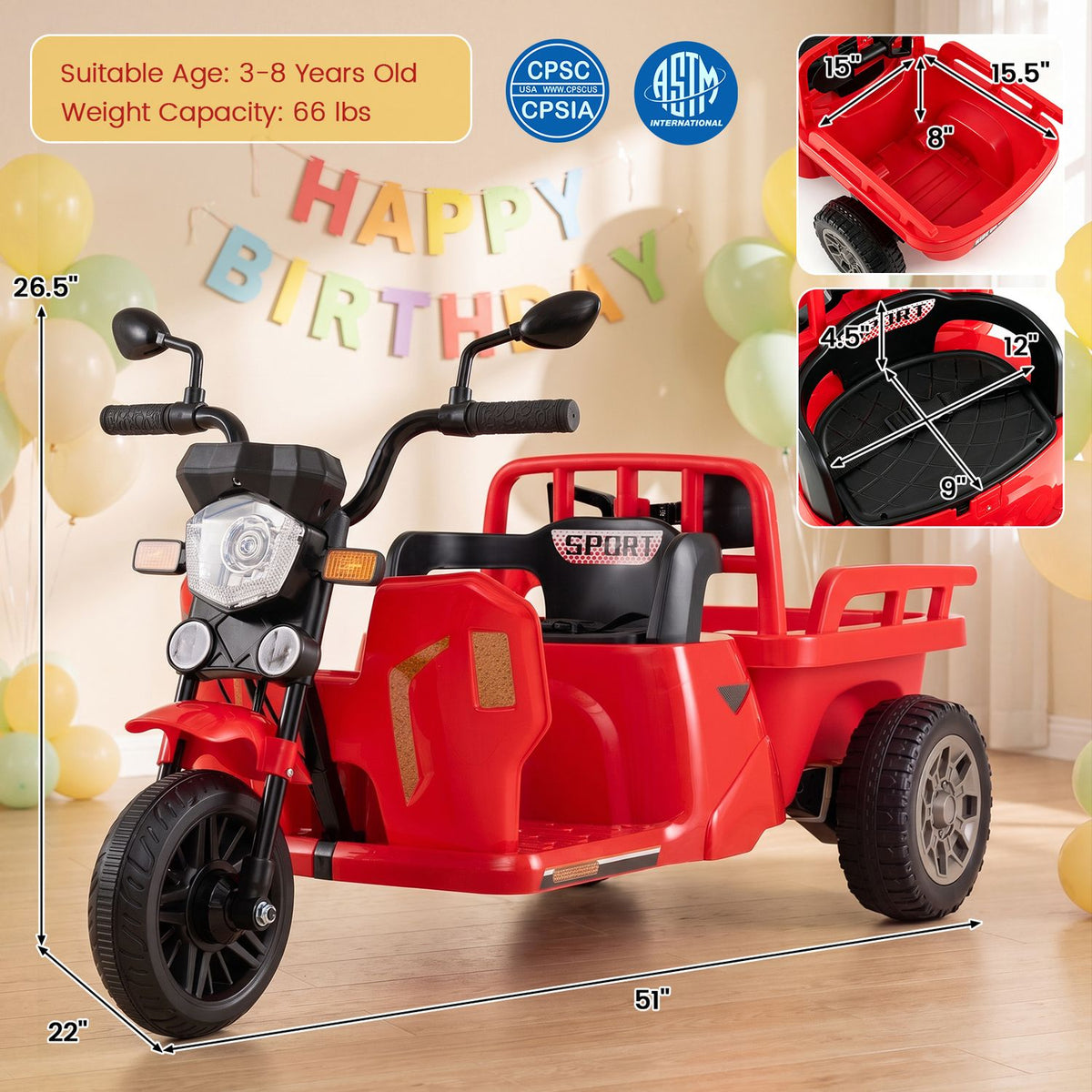 Red three-wheeled ride-on motorcycle with a rear trailer, shown against a birthday backdrop with close-ups of the trailer.