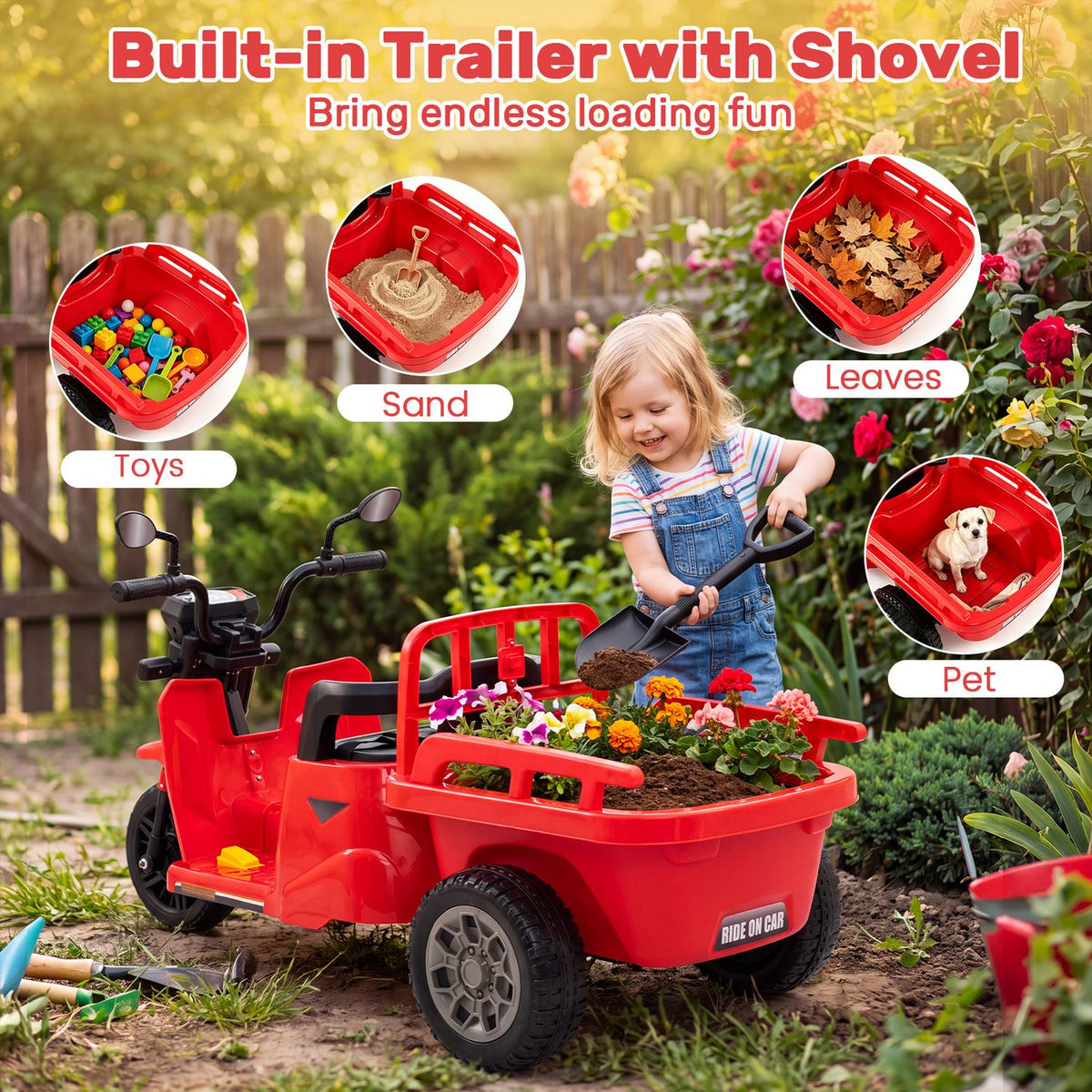 A child stands beside the red ride-on motorcycle and trailer, which is filled with flowers; circular insets show toys, sand