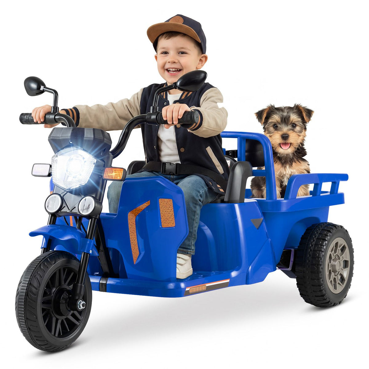 A child sits on a blue three-wheeled vehicle while a small dog sits in its rear trailer.