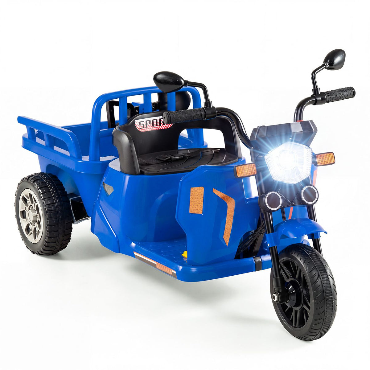 A blue three-wheeled ride-on vehicle with a rear trailer is shown against a white background.