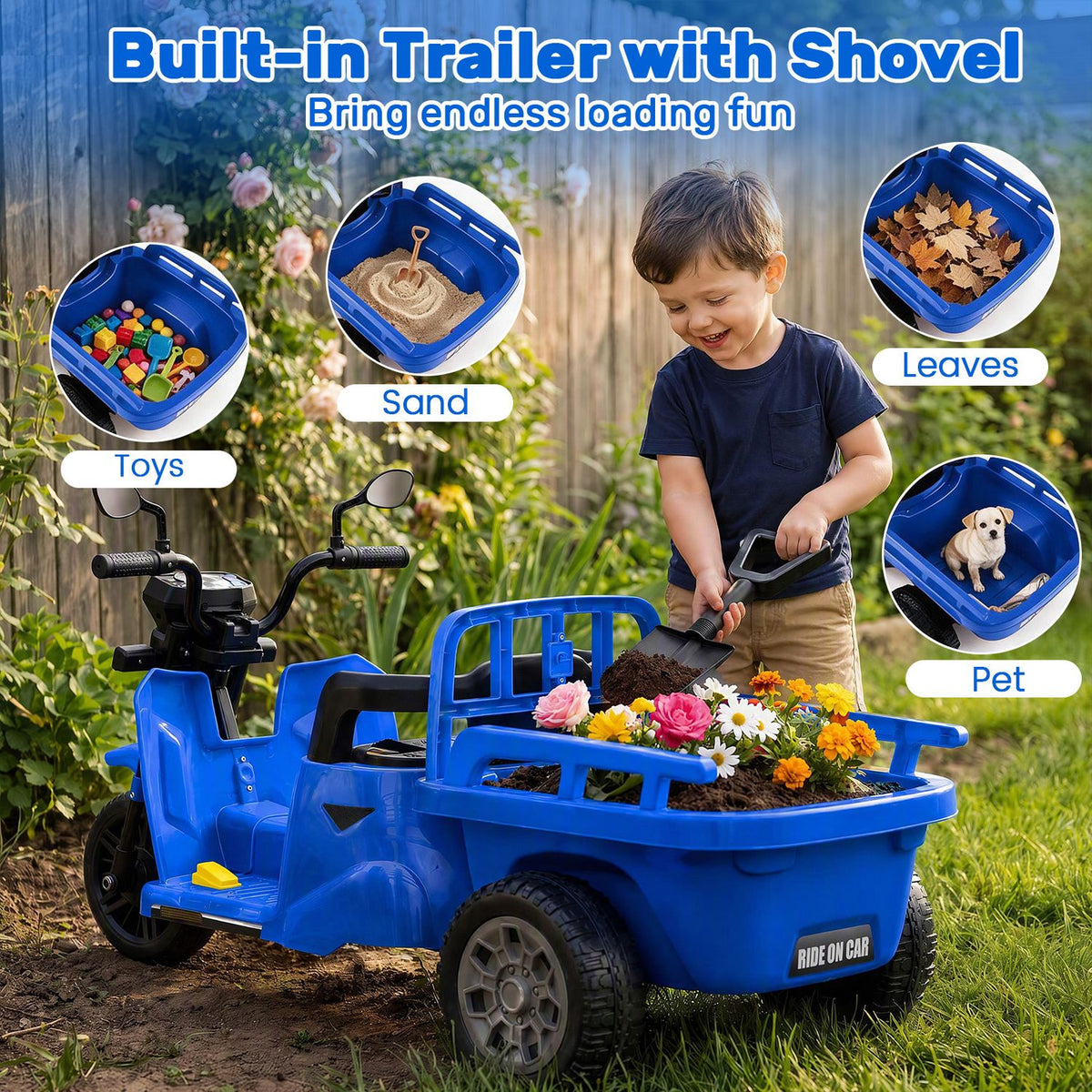 A child loads flowers into the blue motorcycle’s trailer, with inset examples of toys, sand, leaves, and a pet.