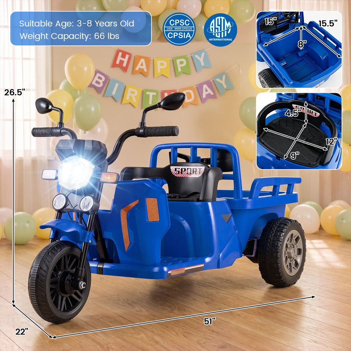 Blue three-wheeled ride-on motorcycle with a rear trailer, shown indoors with measurement arrows and close-up insets.