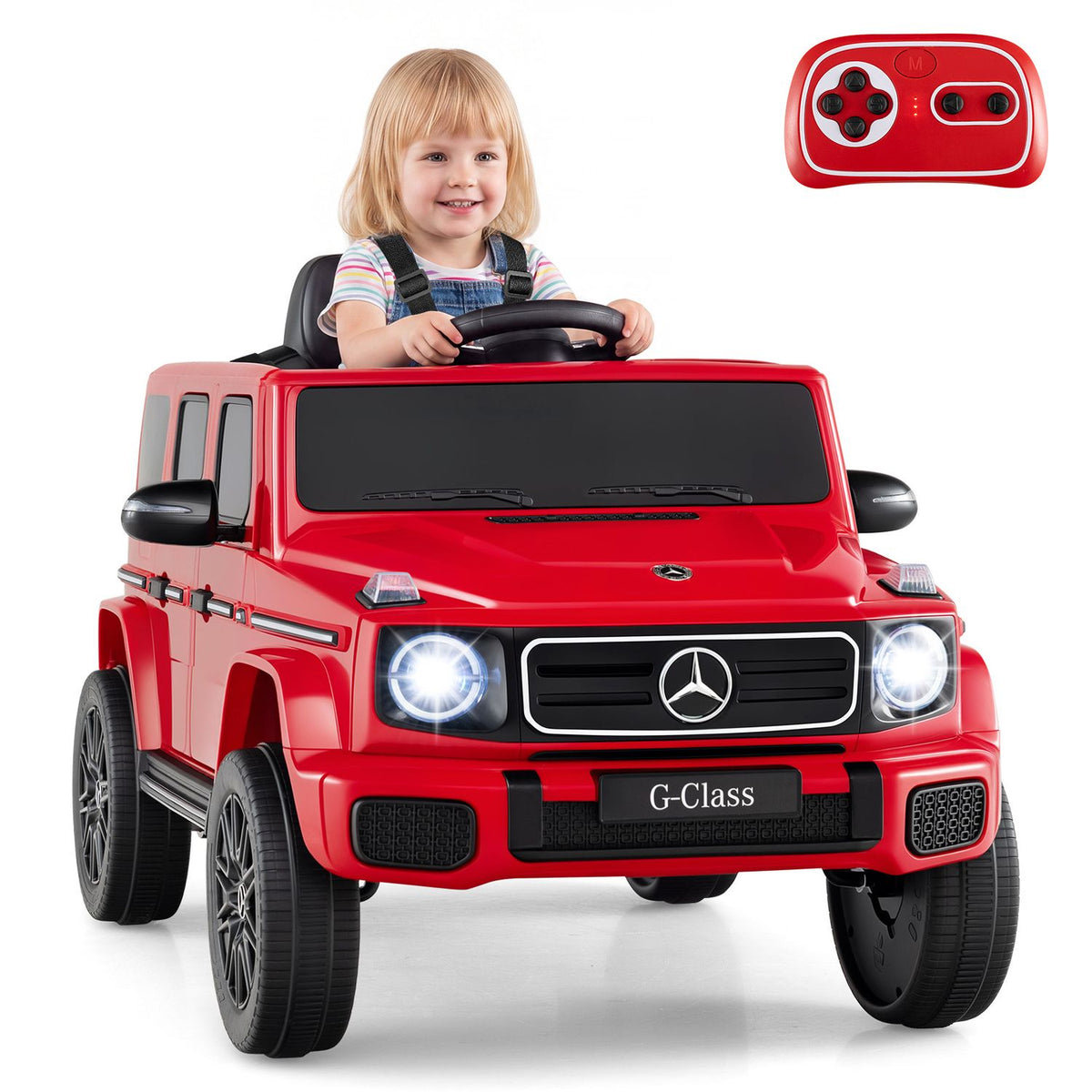 A child sits in a red miniature SUV, with a red handheld remote pictured above it.
