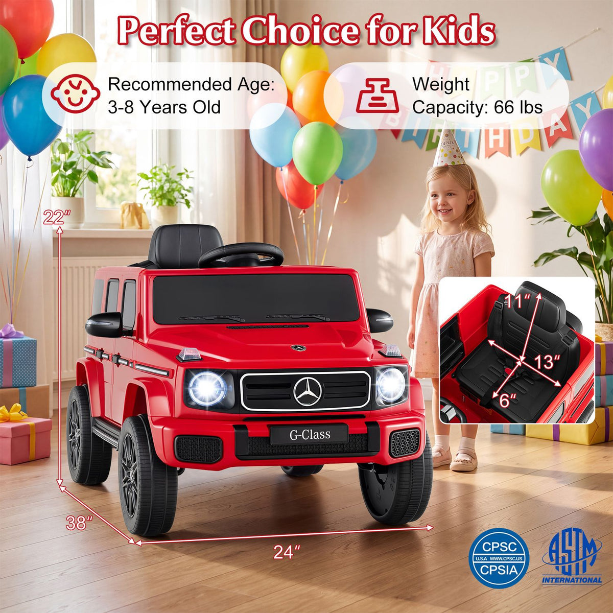 Red miniature SUV displayed indoors beside a child, with measurement callouts and a seat inset.