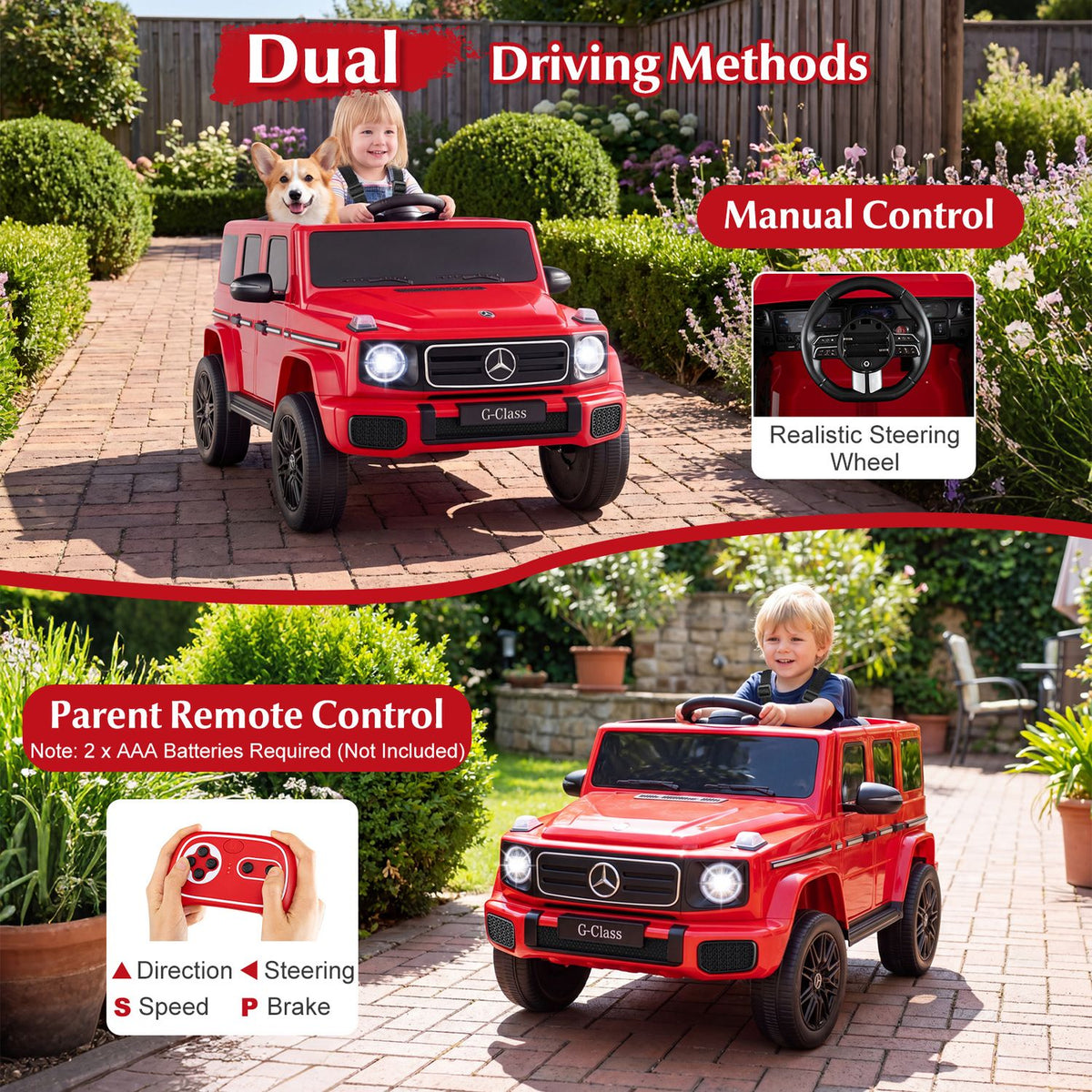Child driving a red ride-on SUV outdoors, with inset views of the steering wheel and parent remote.