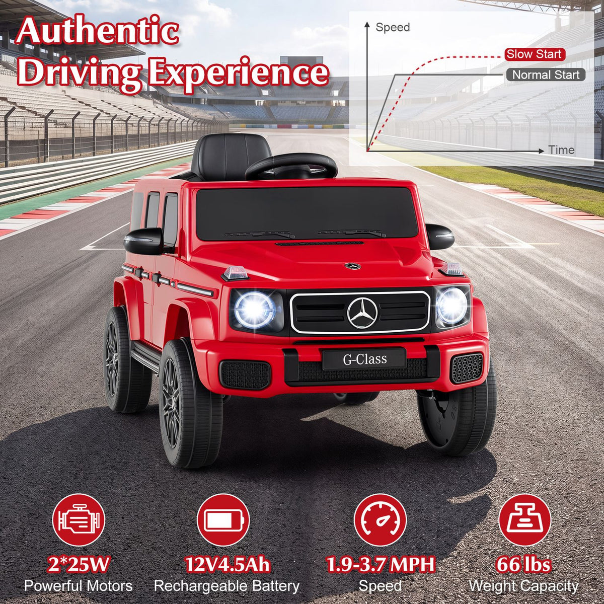 Red ride-on SUV shown on a racetrack, with feature icons arranged beneath it.