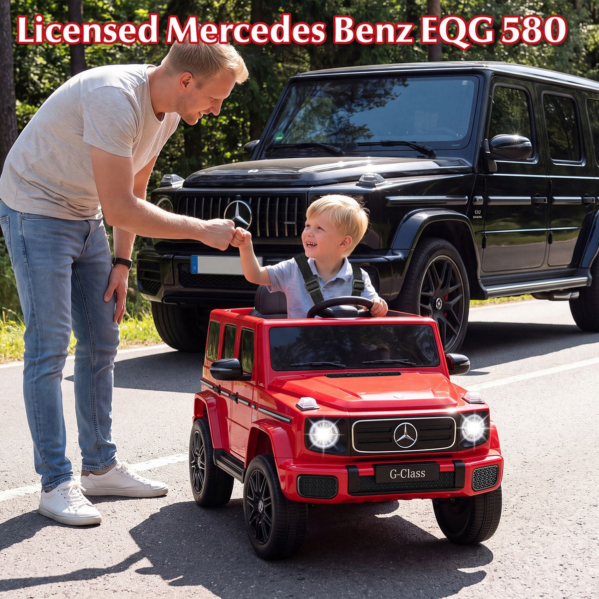 Child seated in a red ride-on SUV while an adult reaches toward him beside a full-size black SUV.