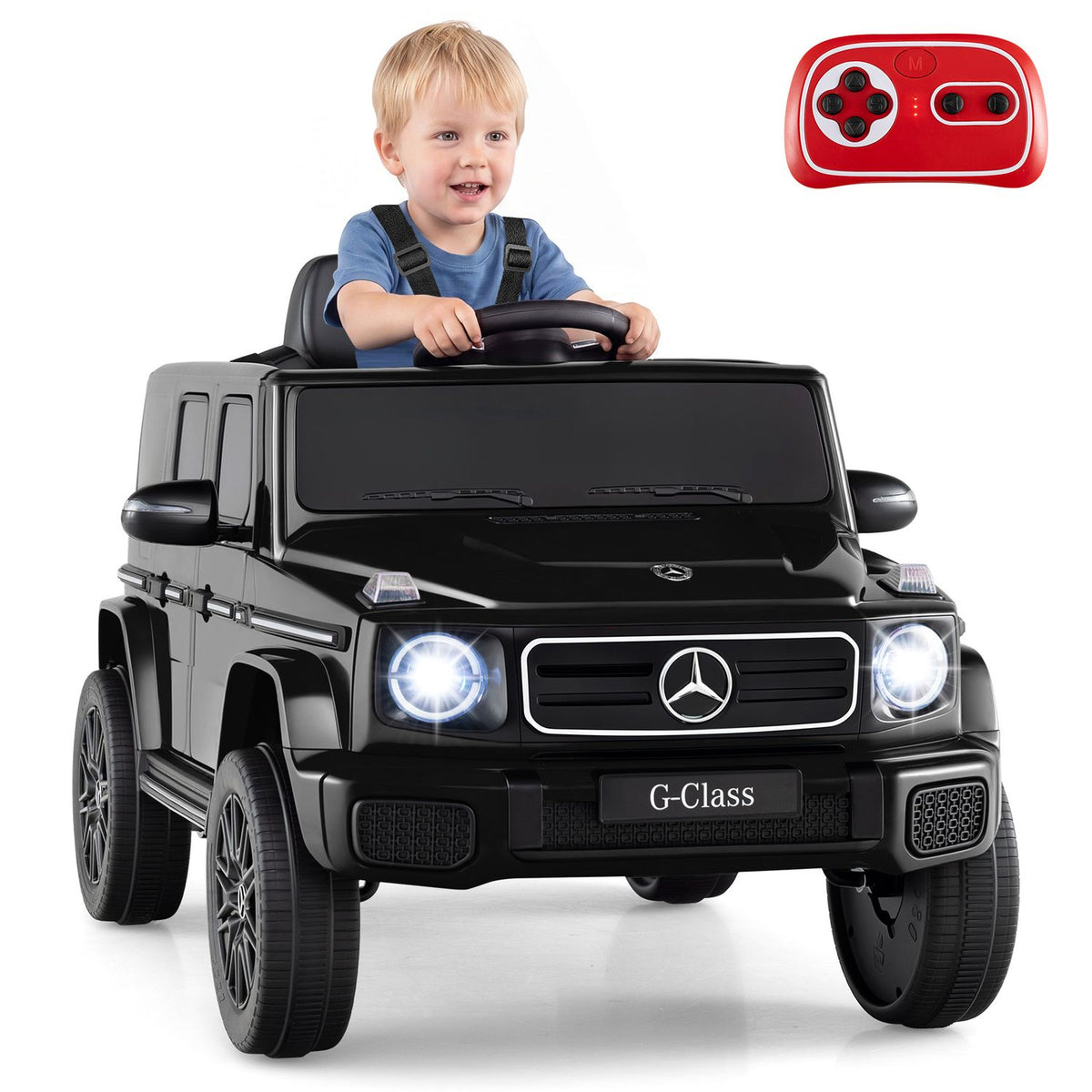 A child sits in a black miniature SUV, with a red handheld remote shown beside it.
