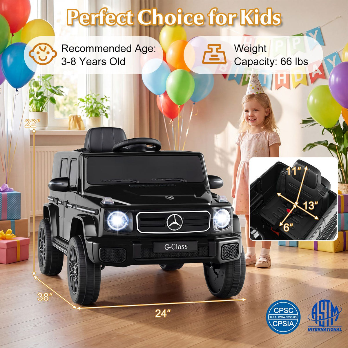 A black miniature SUV is pictured beside a child indoors, with a close-up inset of the seat area.