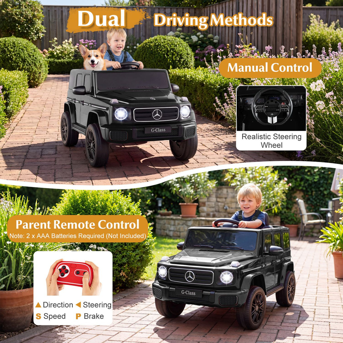 Black ride-on SUV shown with children, a steering wheel inset, and a handheld parent remote.
