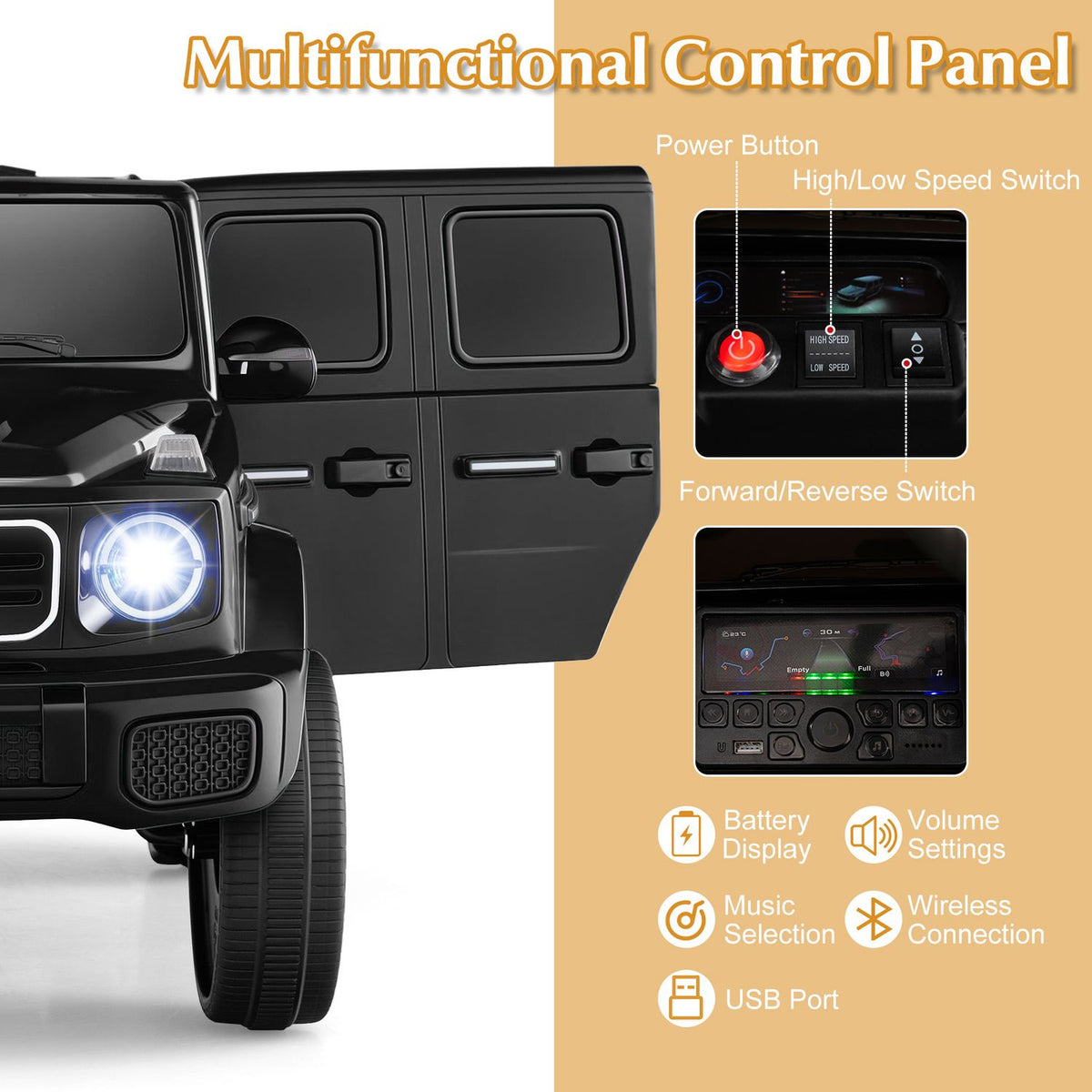 Close-up of the black SUV’s front and side beside insets showing dashboard controls.