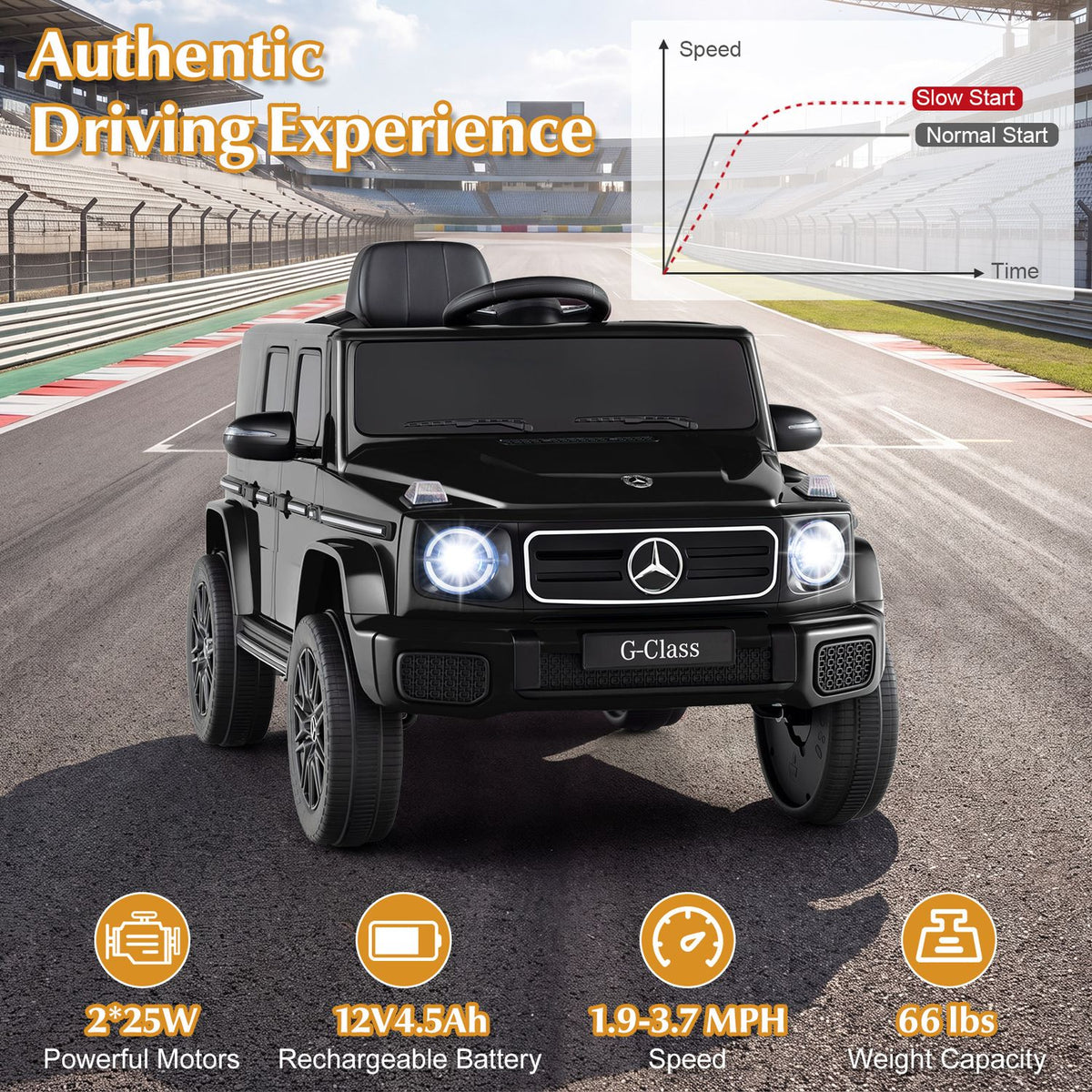 Black ride-on SUV on a racetrack, with its illuminated headlights and feature icons below.