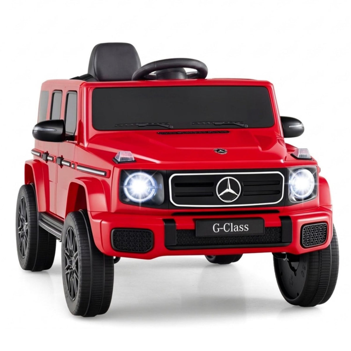Red miniature SUV shown alone against a white background with its headlights on.