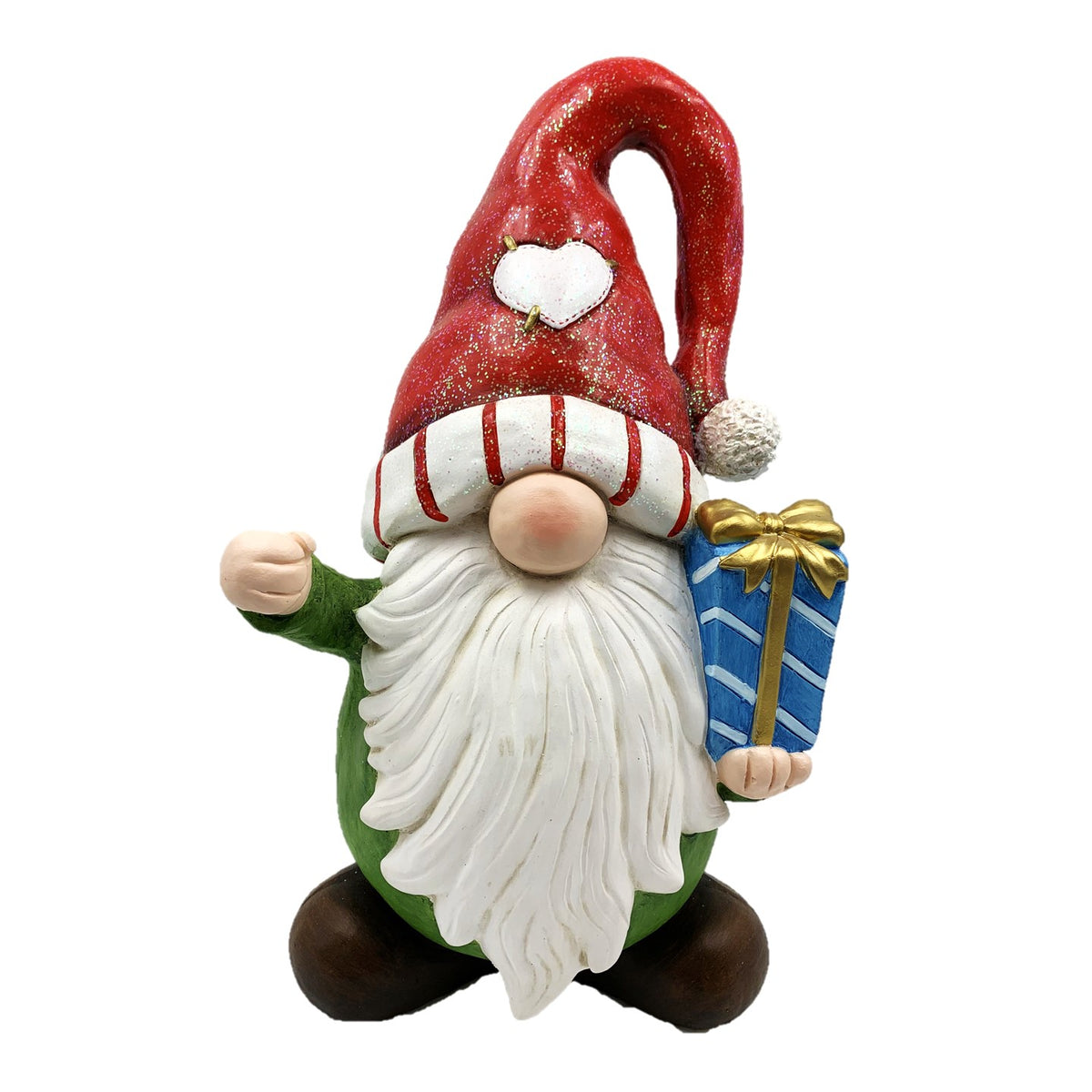 Garden gnome with a tall red heart-decorated hat, white beard, green coat, and blue gift with a gold bow.