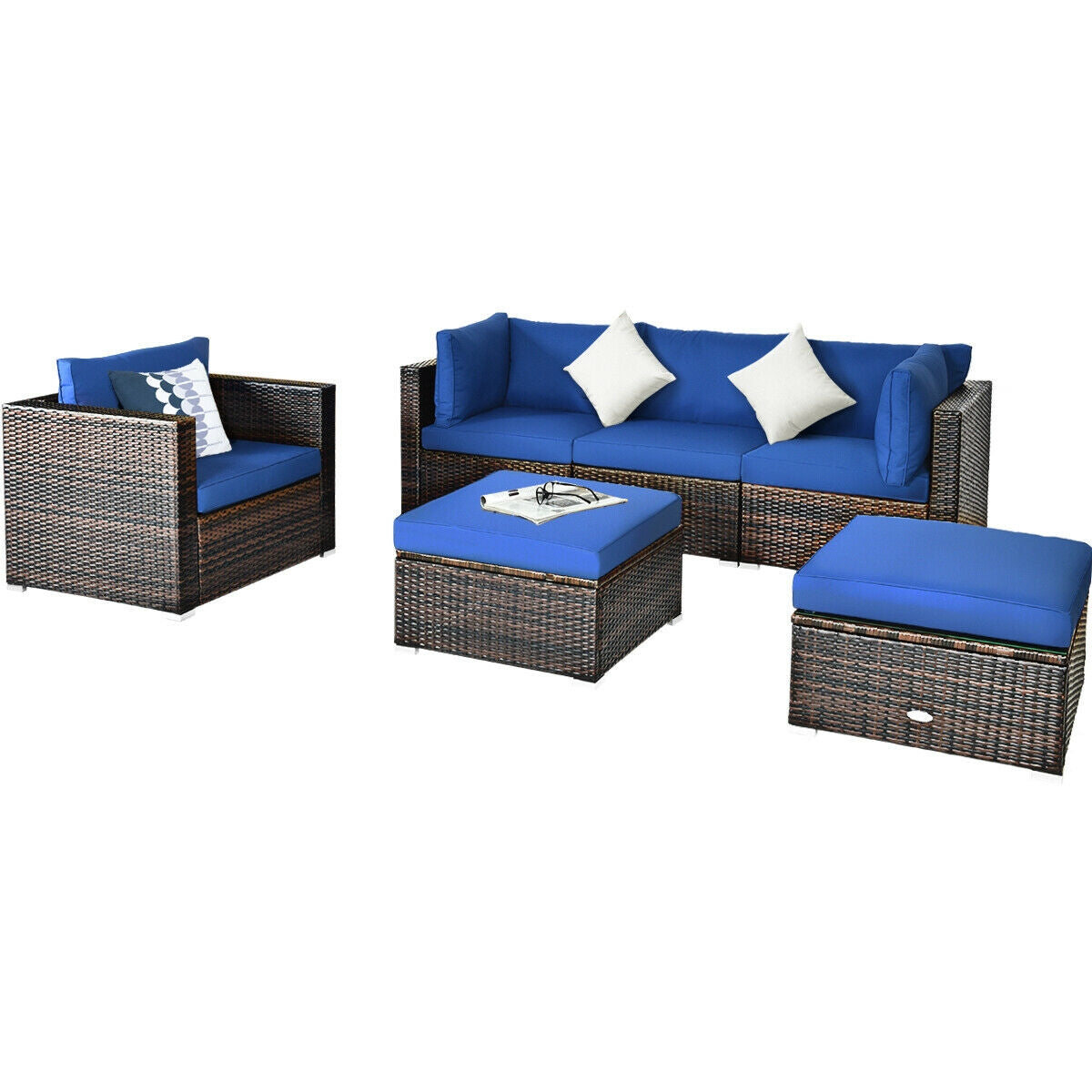 6 Pcs Patio Rattan Furniture Set with Sectional Cushion