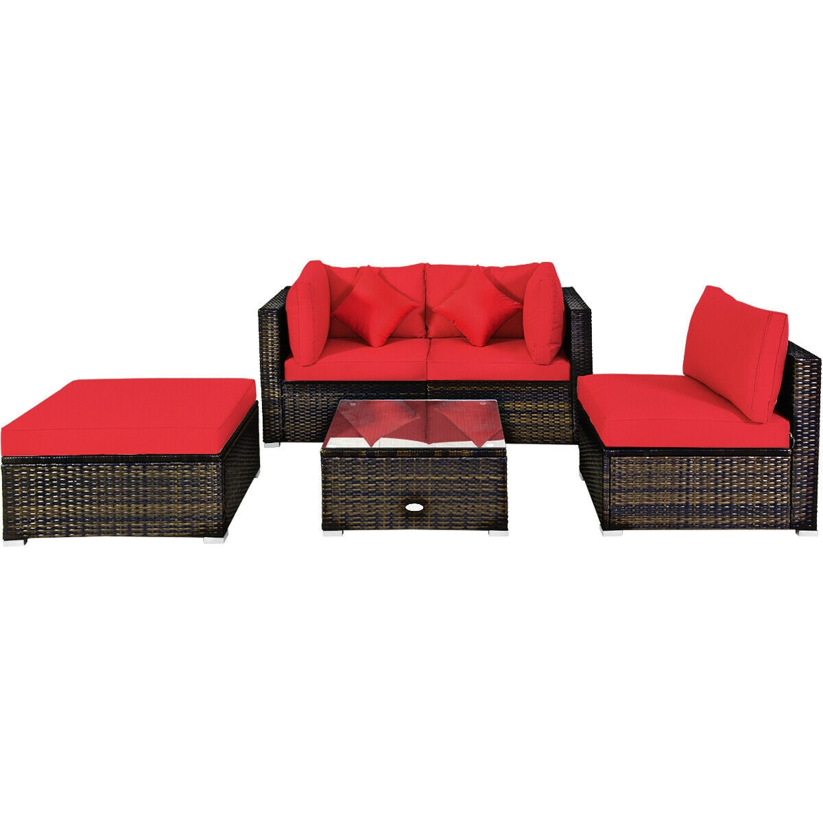5 Pcs Outdoor Patio Rattan Furniture Set Sectional Conversation with Navy Cushions, Red