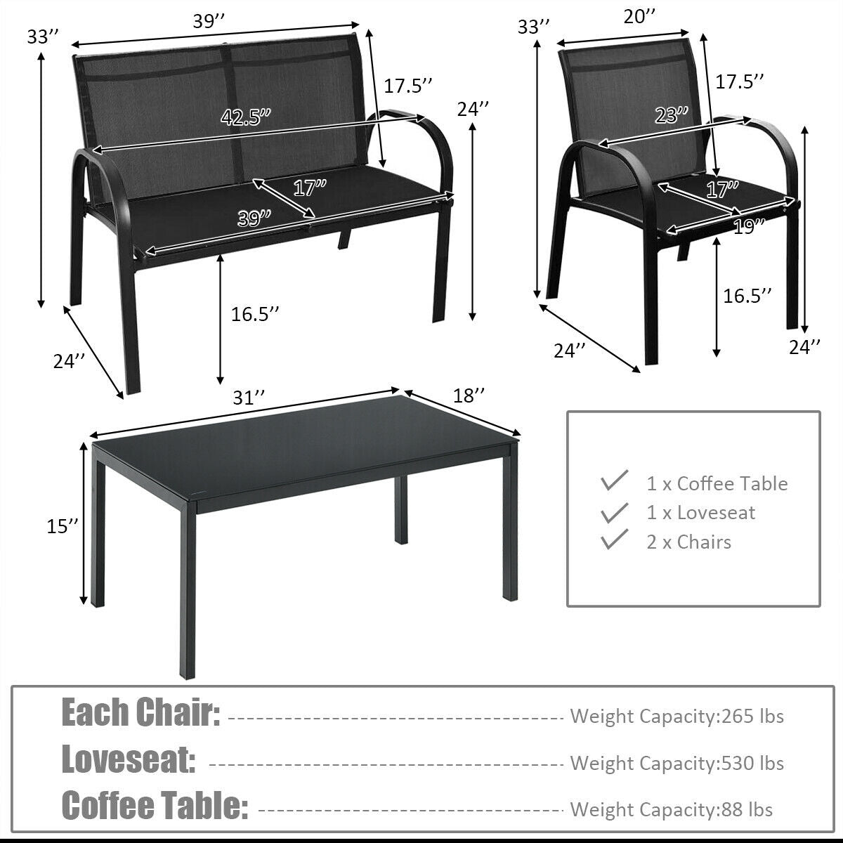 4 Pieces Patio Furniture Set with Glass Top Coffee Table, Black