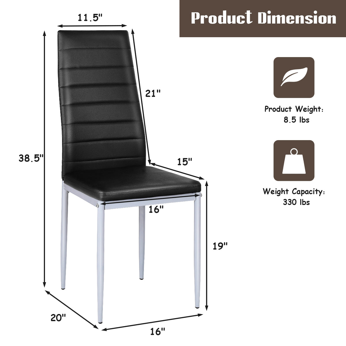 A black dining chair shown with measurement arrows and labels around the seat, back, and legs.