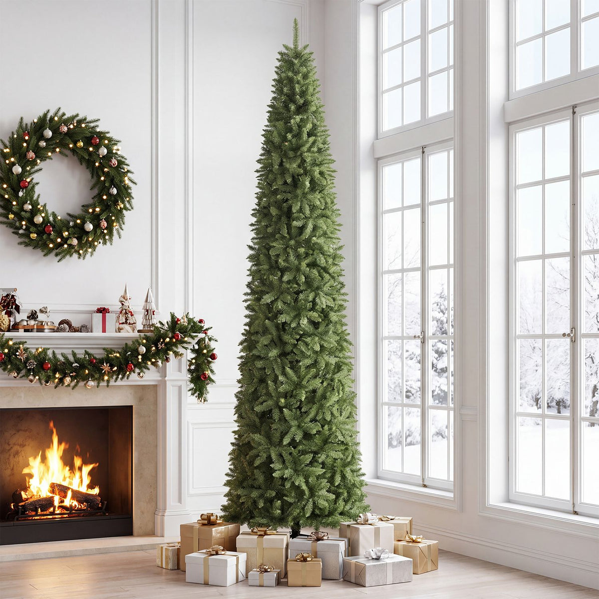 A tall green Christmas tree stands beside a fireplace and large windows, with wrapped gifts around its base.