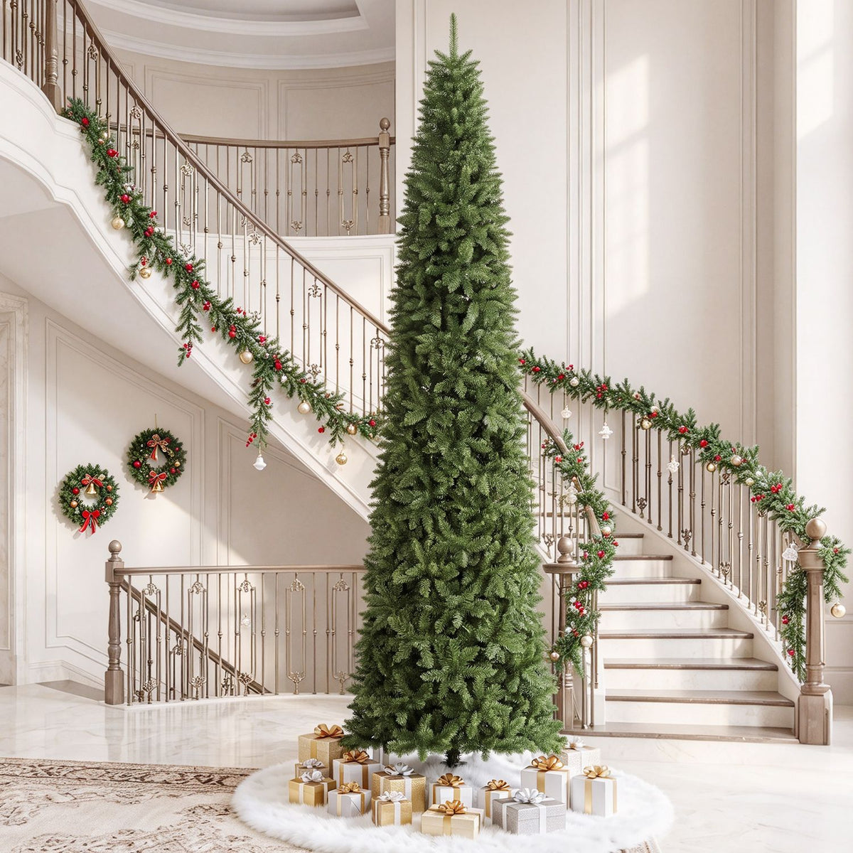 A green Christmas tree surrounded by gifts stands in a bright foyer beside a decorated staircase.