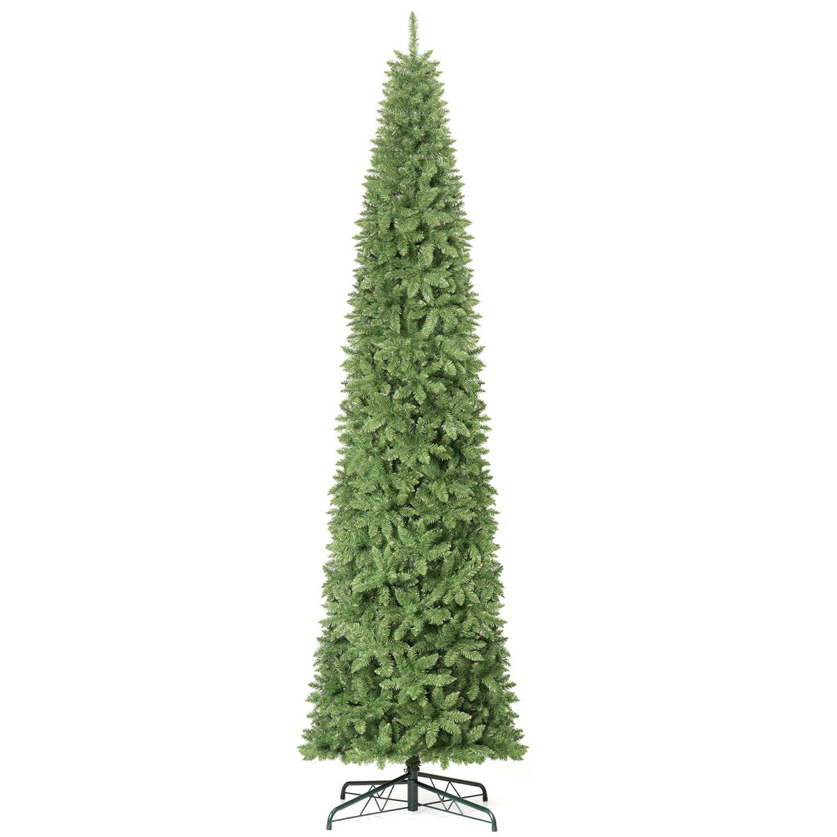 A full green Christmas tree is shown against a white background with its metal stand visible.