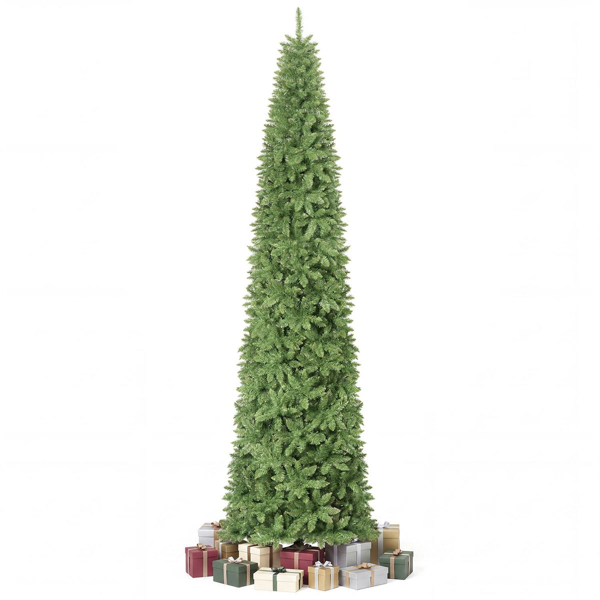 A green Christmas tree with wrapped presents at its base is shown against a white background.