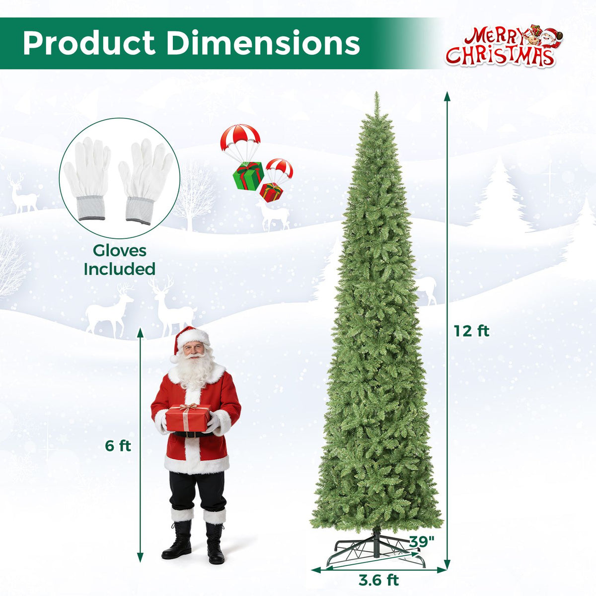 Tall green artificial tree shown beside a person, with gloves and a stand pictured.