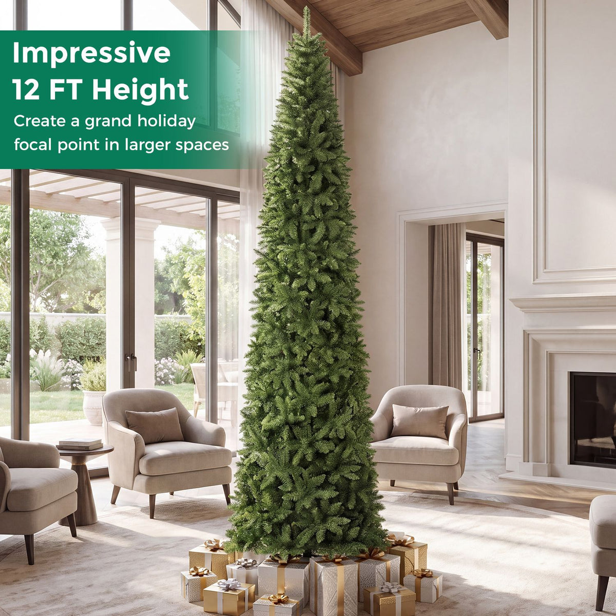 Unadorned green artificial tree stands among wrapped gifts in a bright living room.