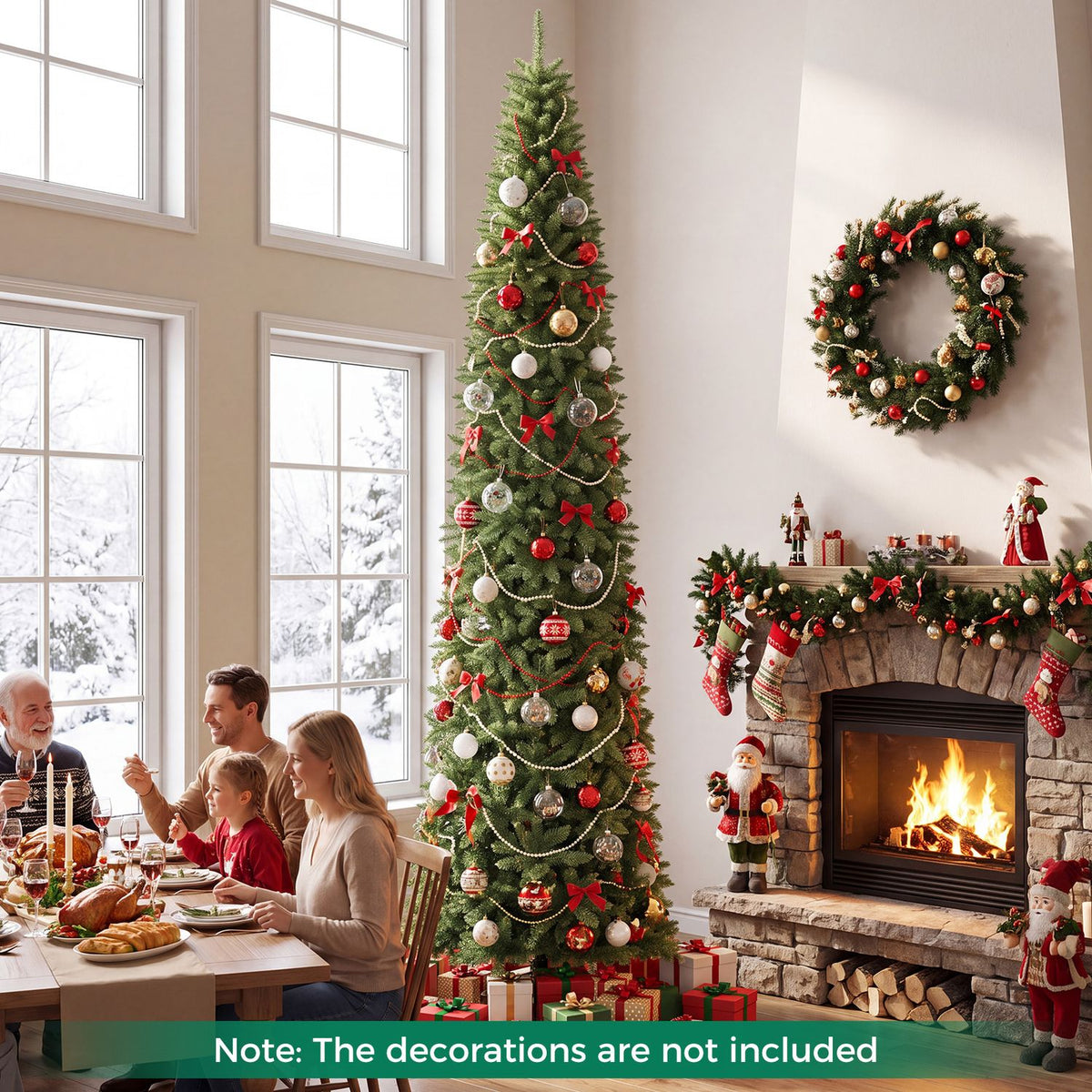 Ornamented tree beside a fireplace as a family gathers around a dining table.