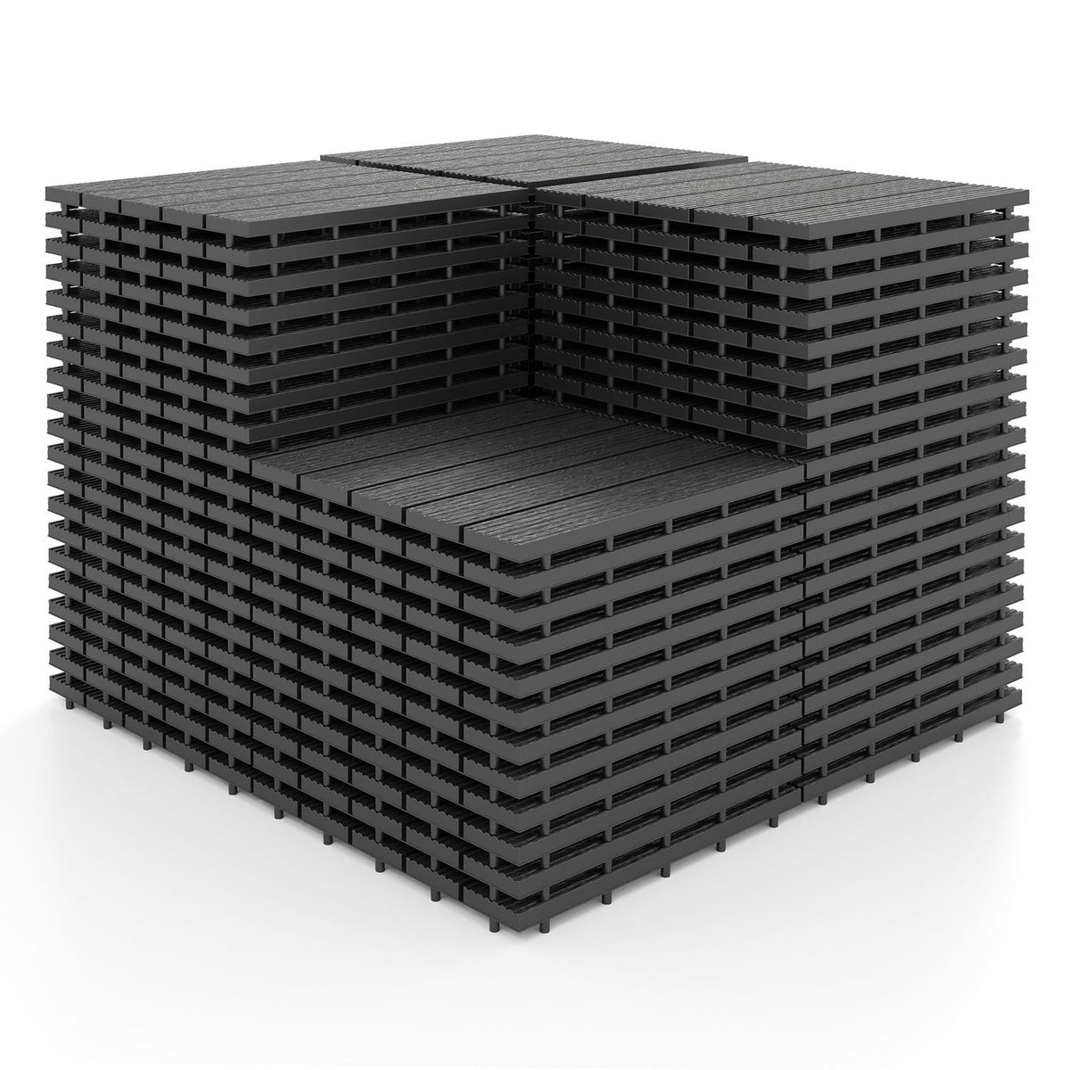 Stack of gray interlocking deck tiles shown against a white background