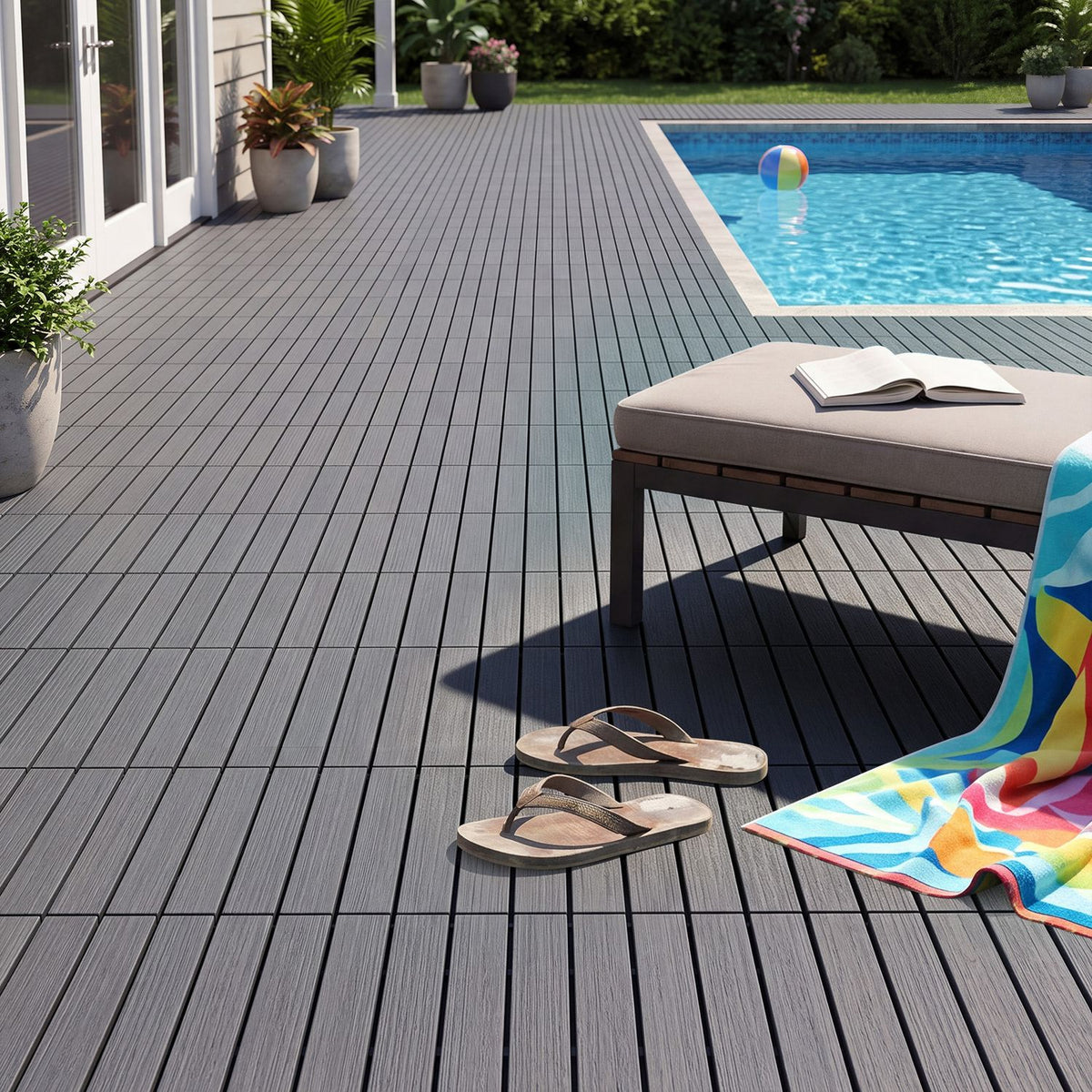 Gray interlocking deck tiles on a poolside patio with outdoor seating