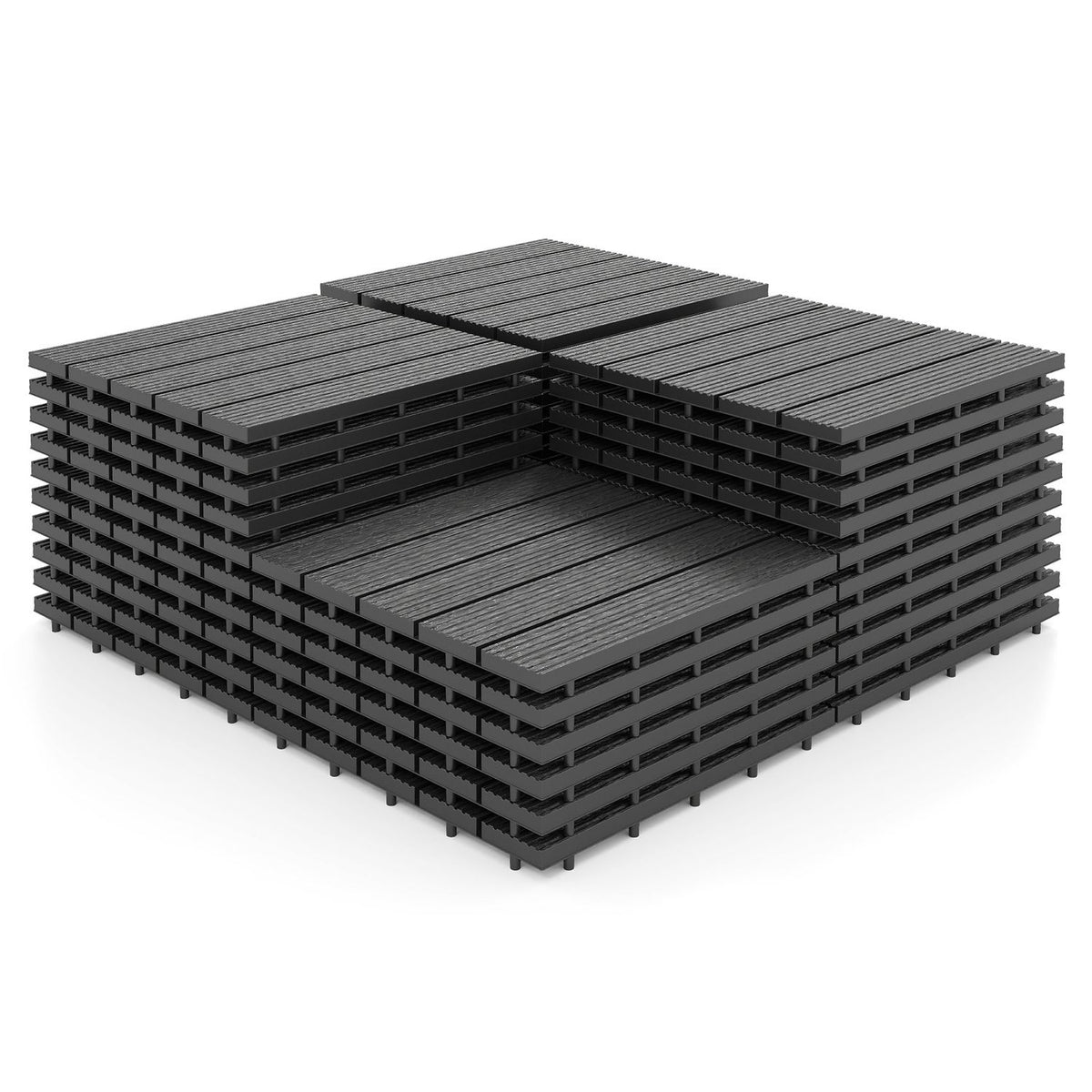 A stack of gray interlocking tiles is arranged in a square with one tile laid across the front.