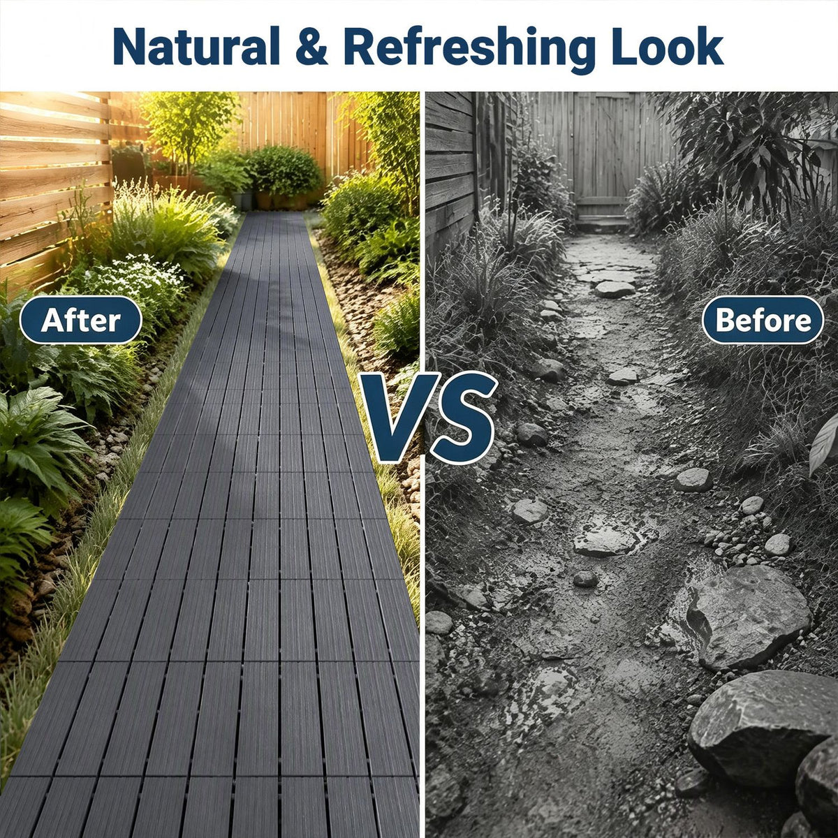 Gray deck tiles form a straight garden walkway beside a black-and-white view of the rocky path before.