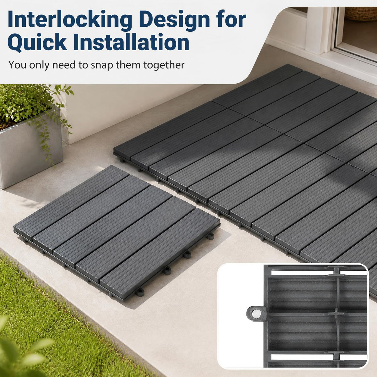 Gray interlocking deck tiles are laid on a patio, with a loose tile and its connector underside shown.