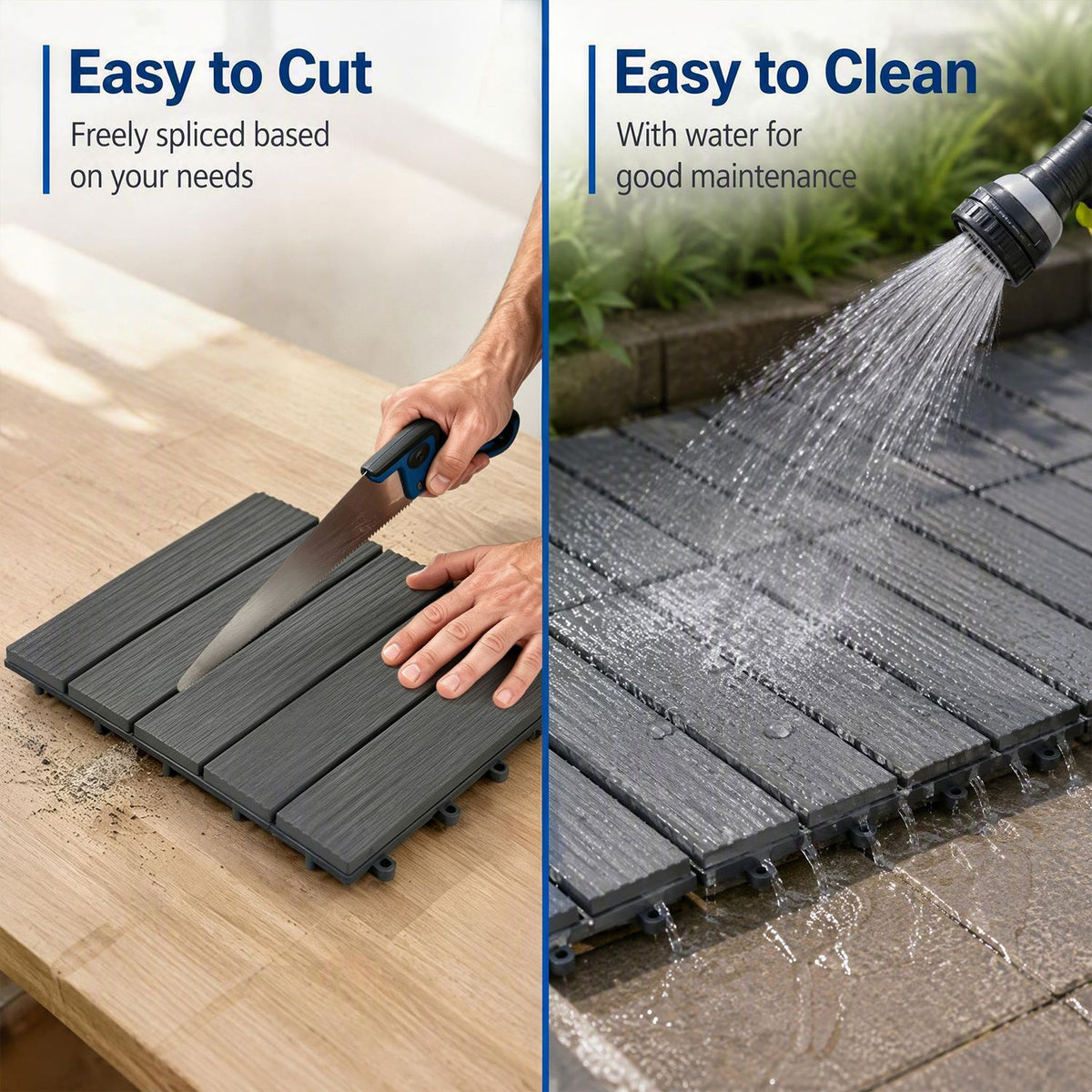 A hand cuts a gray deck tile with a saw beside tiles being rinsed with a garden hose.