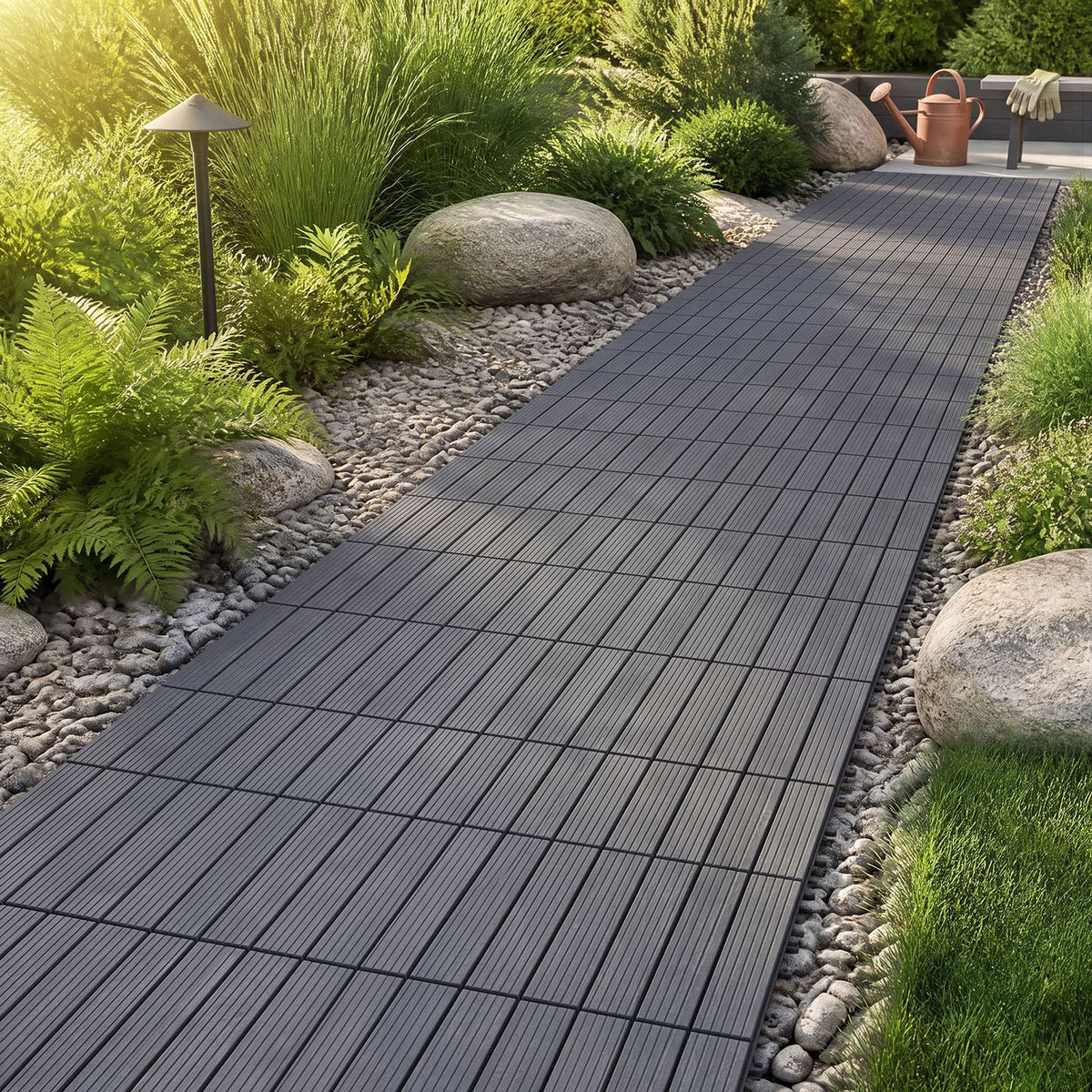Gray interlocking tiles form a garden path bordered by gravel, rocks, grasses, and ferns.