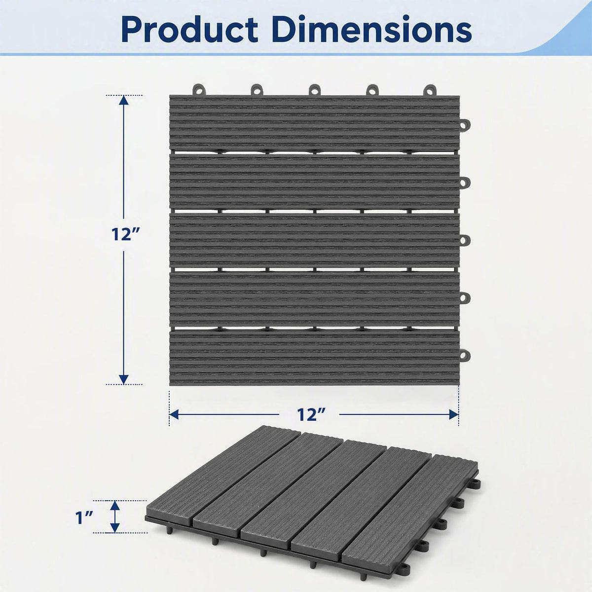 A top view and angled view show a square gray tile with interlocking tabs around its edges.