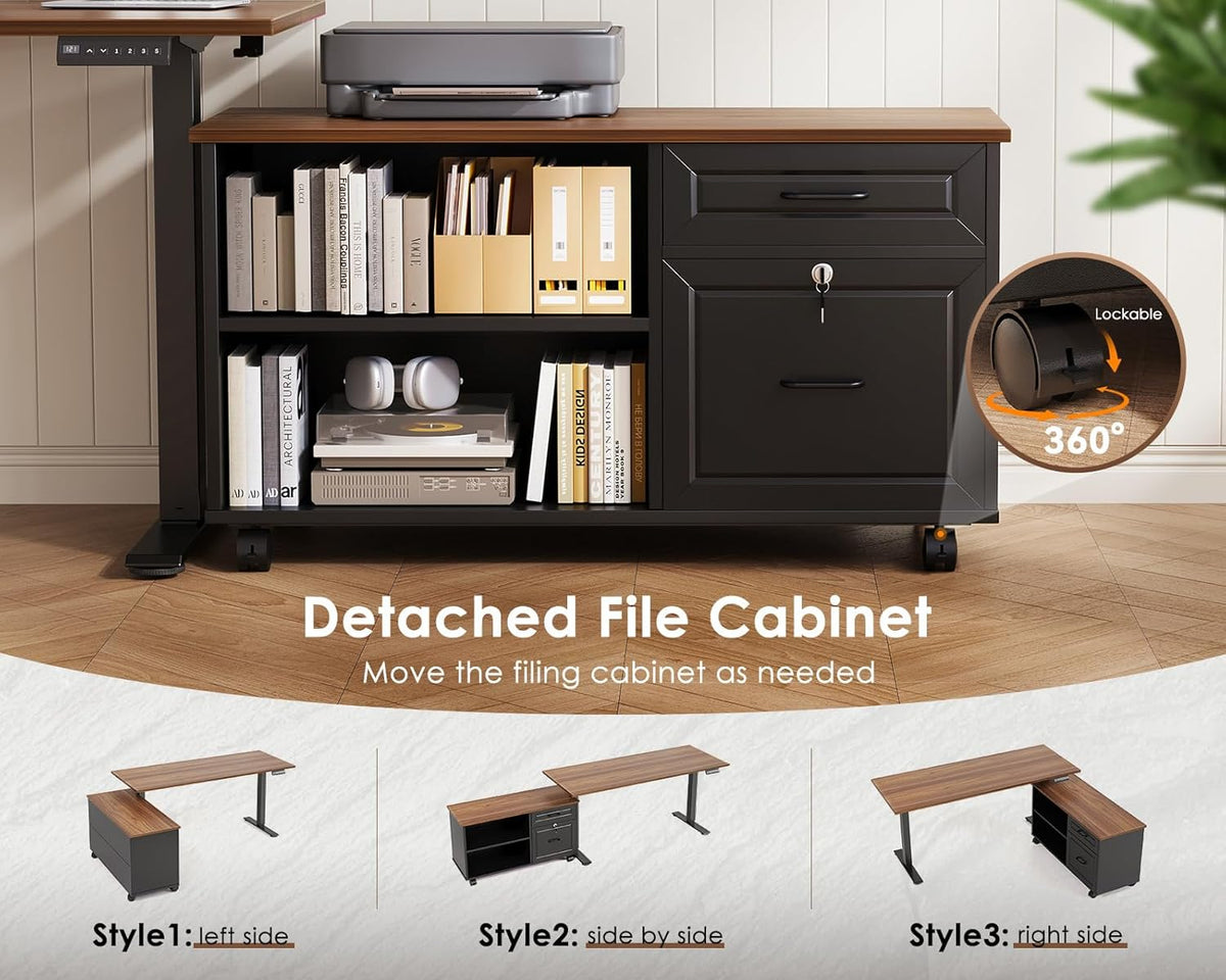 Front view of detached mobile file cabinet under desk showing open shelves, lockable drawer and casters with 360° locking