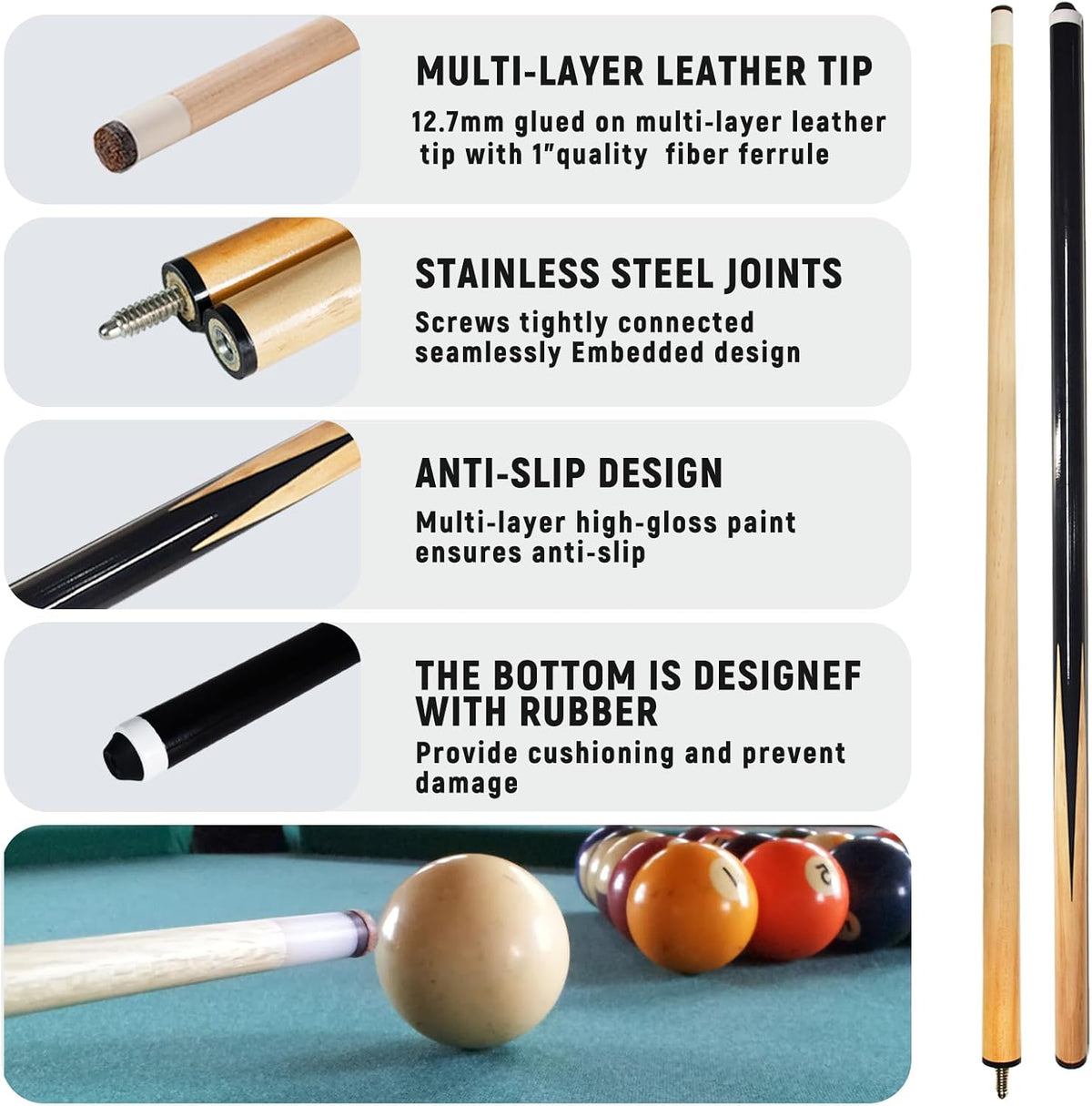 Close-up of wooden cue details showing multi-layer leather tip, stainless steel joint and painted anti-slip shaft