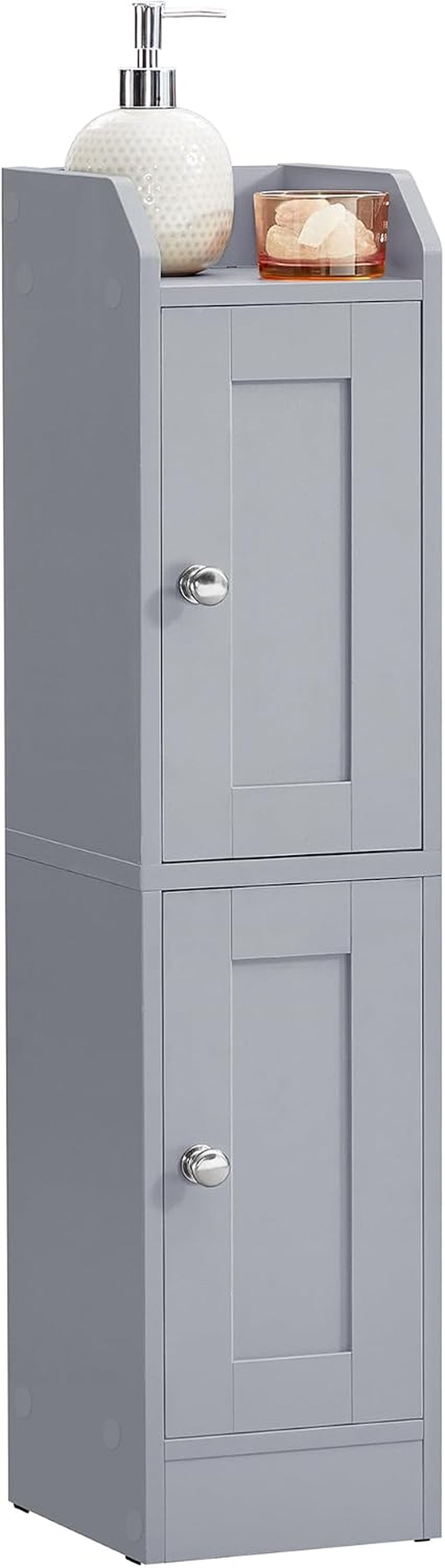Single gray narrow cabinet with a top shelf holding a soap dispenser and a lower door with a round knob