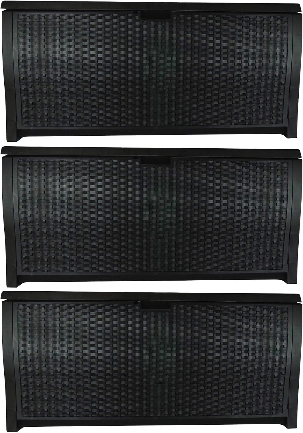 Three stacked front-panel views showing the woven texture and central lid latch of a dark outdoor deck box.