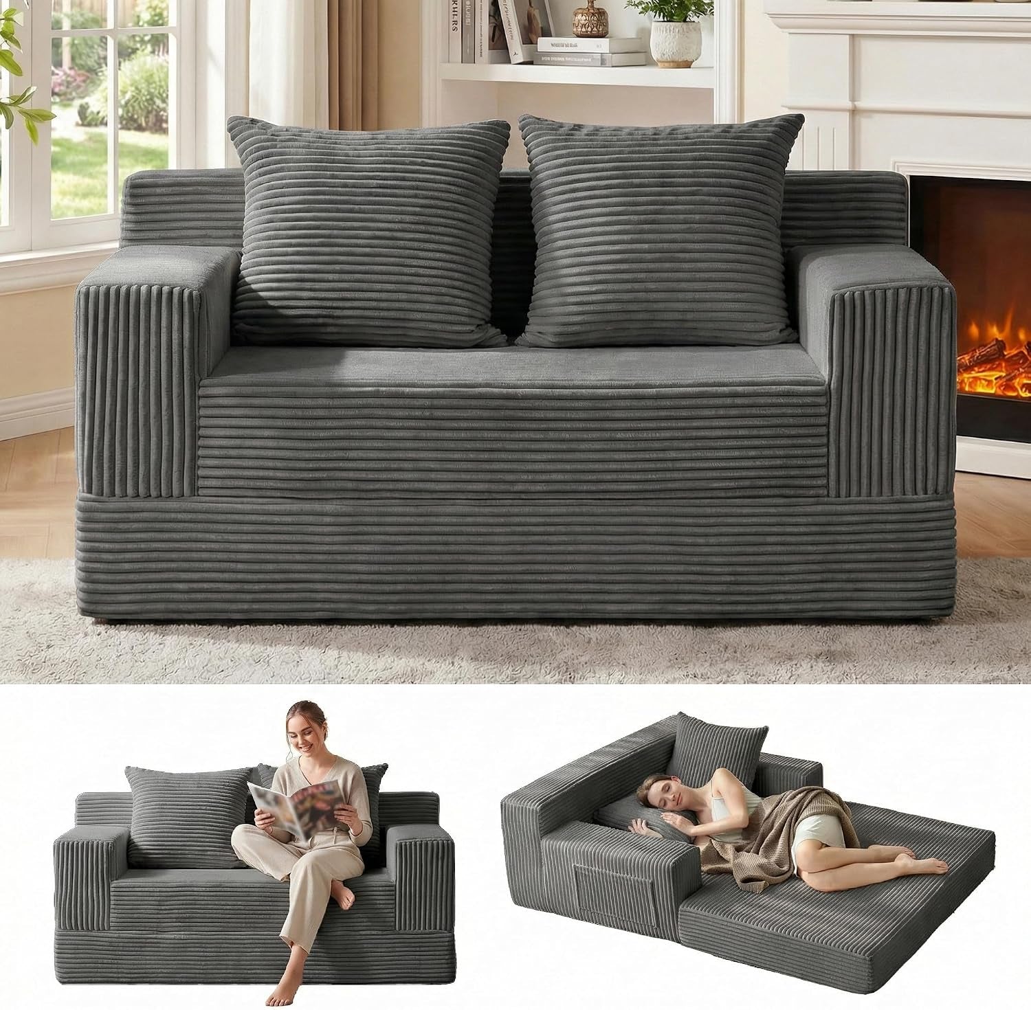 Dark gray corduroy folding sofa bed front view with two small insets showing seated and unfolded lounge positions.