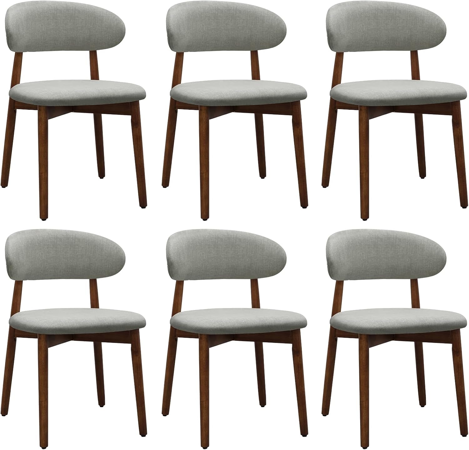 Six light gray upholstered dining chairs with curved backs and brown legs on a white background.