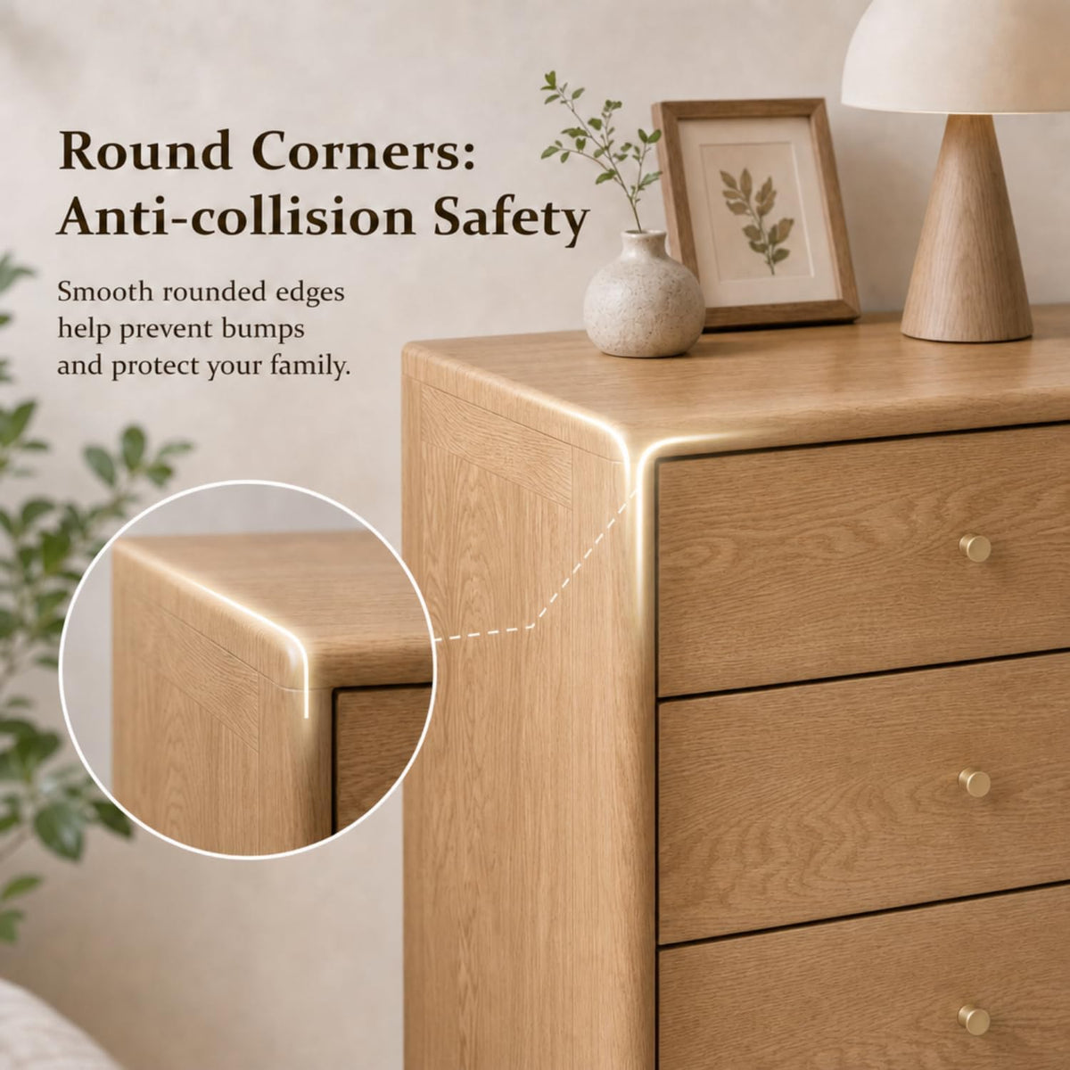 Close-up of the dresser's rounded upper corner with a living room setting