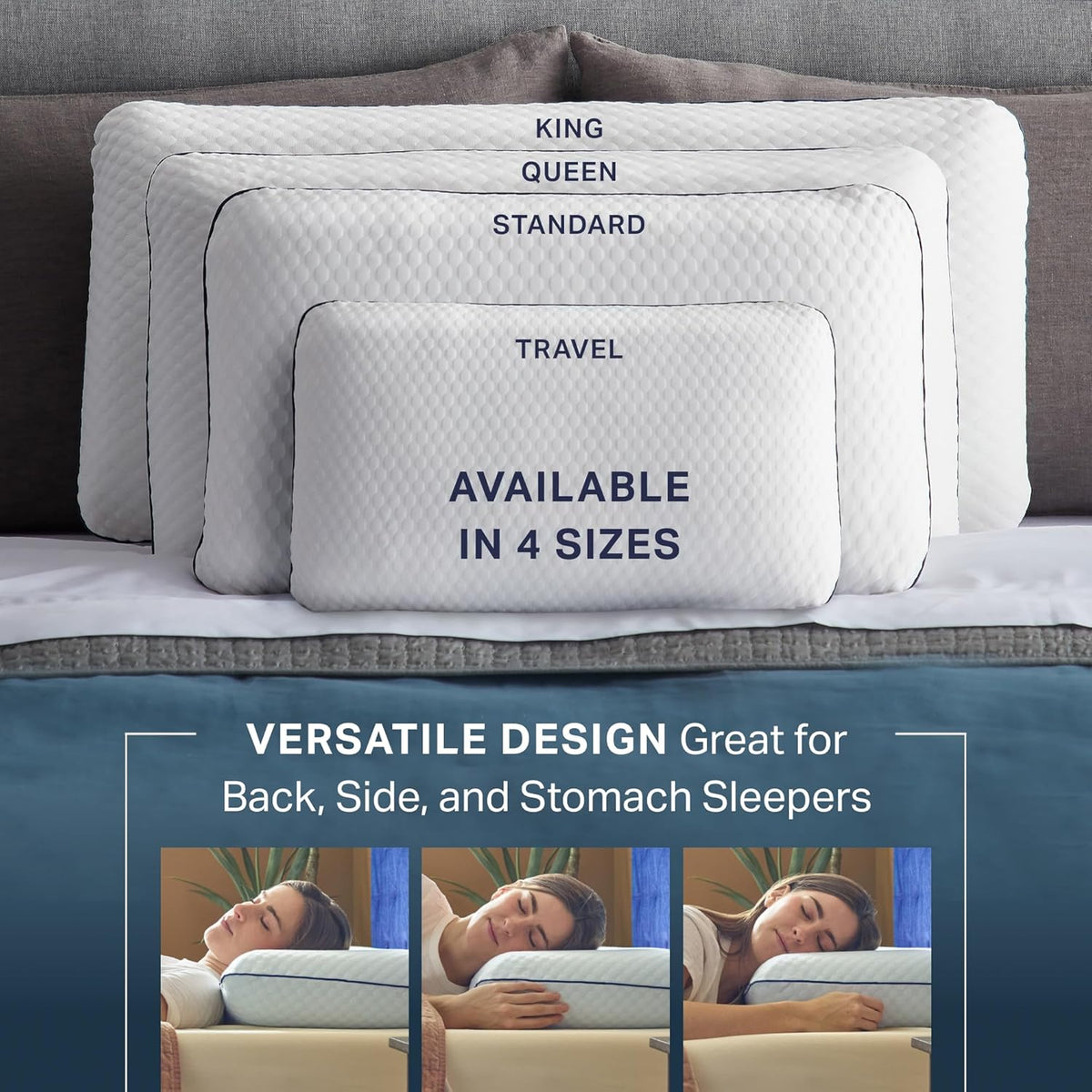 Close-up of quilted white pillow cover with on-image icons and text highlighting softness, durable polyester fabric, and a z‑