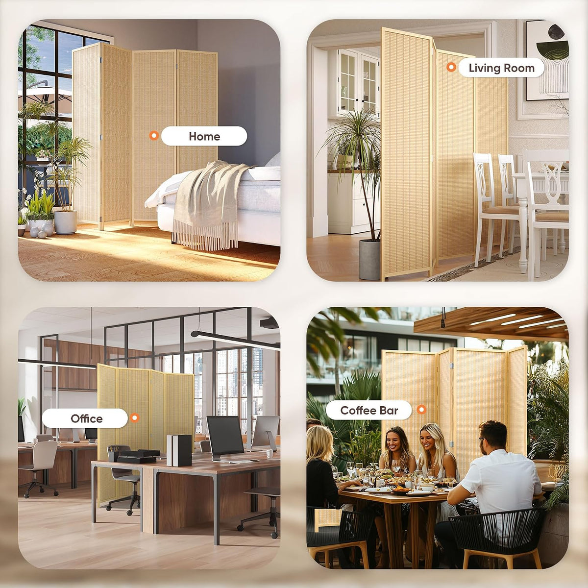 Four rounded photos arranged in a grid showing the divider used in a bedroom, dining area, office and outdoor café setting.