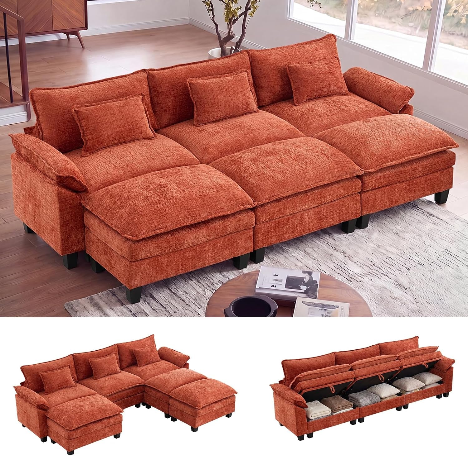 Rust-orange modular sectional with deep cushions and ottoman in a sunlit room; insets display corner configuration and